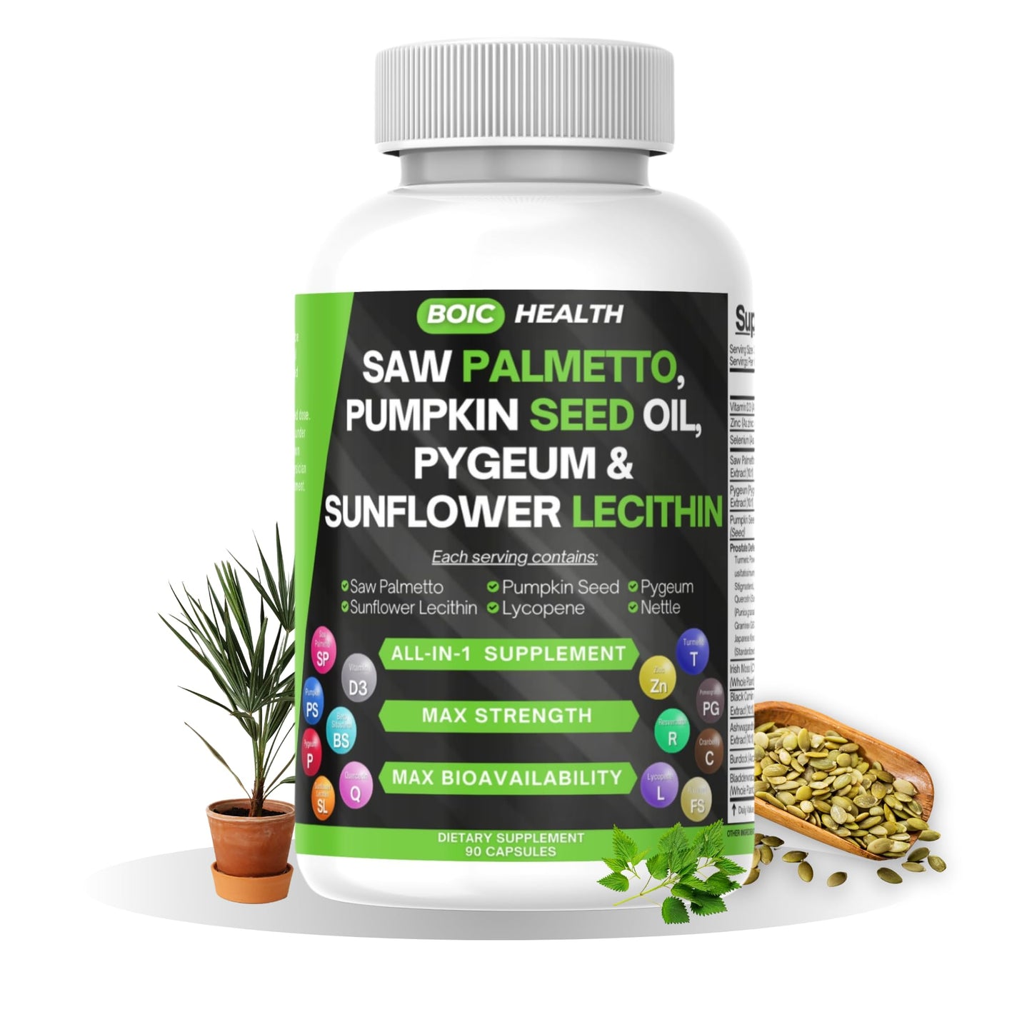 BOIC Saw Palmetto Prostate Support Extra Strength with Pumpkin Seed Oil, Pygeum, Sunflower Lecithin, Stinging Nettle & Cranberry, Zinc, Selenium & Lycopene 90 Capsules