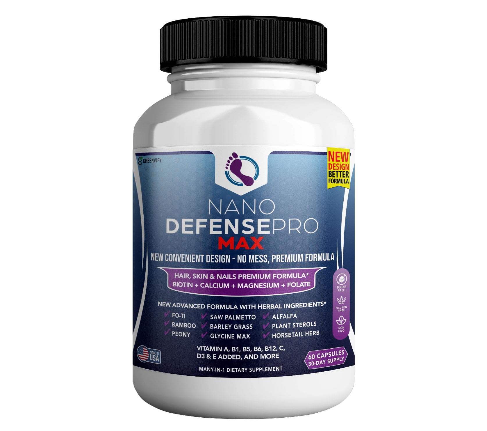 GREENVIFY Nano Defense Pro Max Hair Skin and Nails Supplement Biotin Calcium Magnesium Complex, 60 Capsules