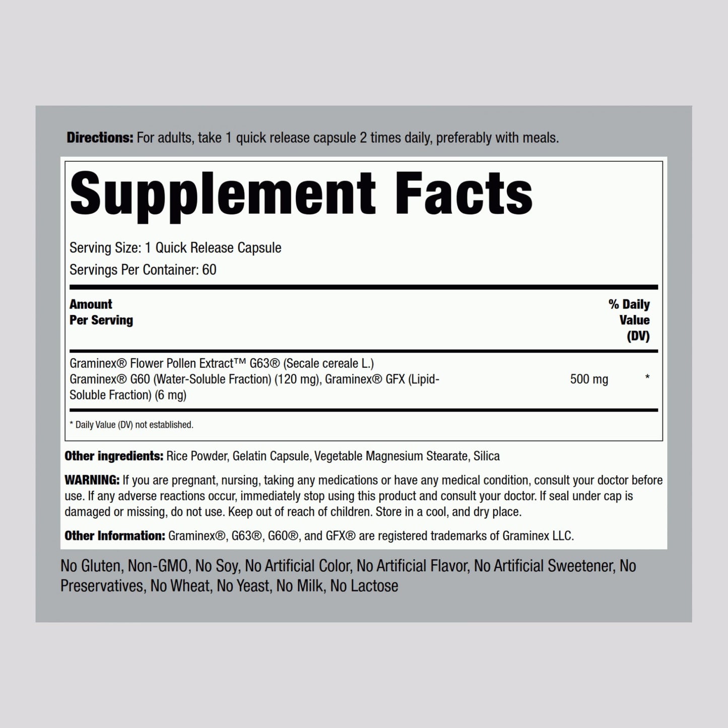 Piping Rock Graminex Flower Pollen Extract 500mg Capsules, 60 Count