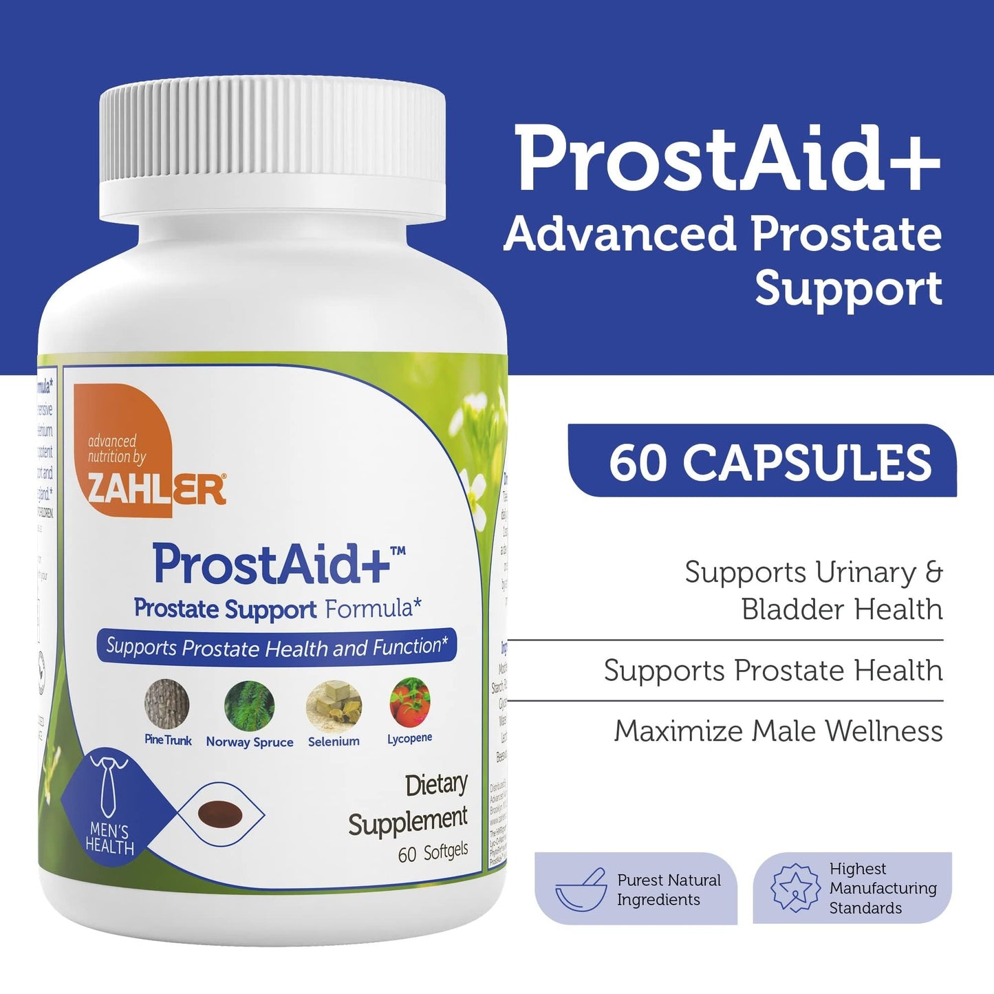 Zahler ProstAid+ Prostate Supplements for Men with Lycopene & Norway Spruce for Urine Flow, Prostate Support Softgels, 60 Count
