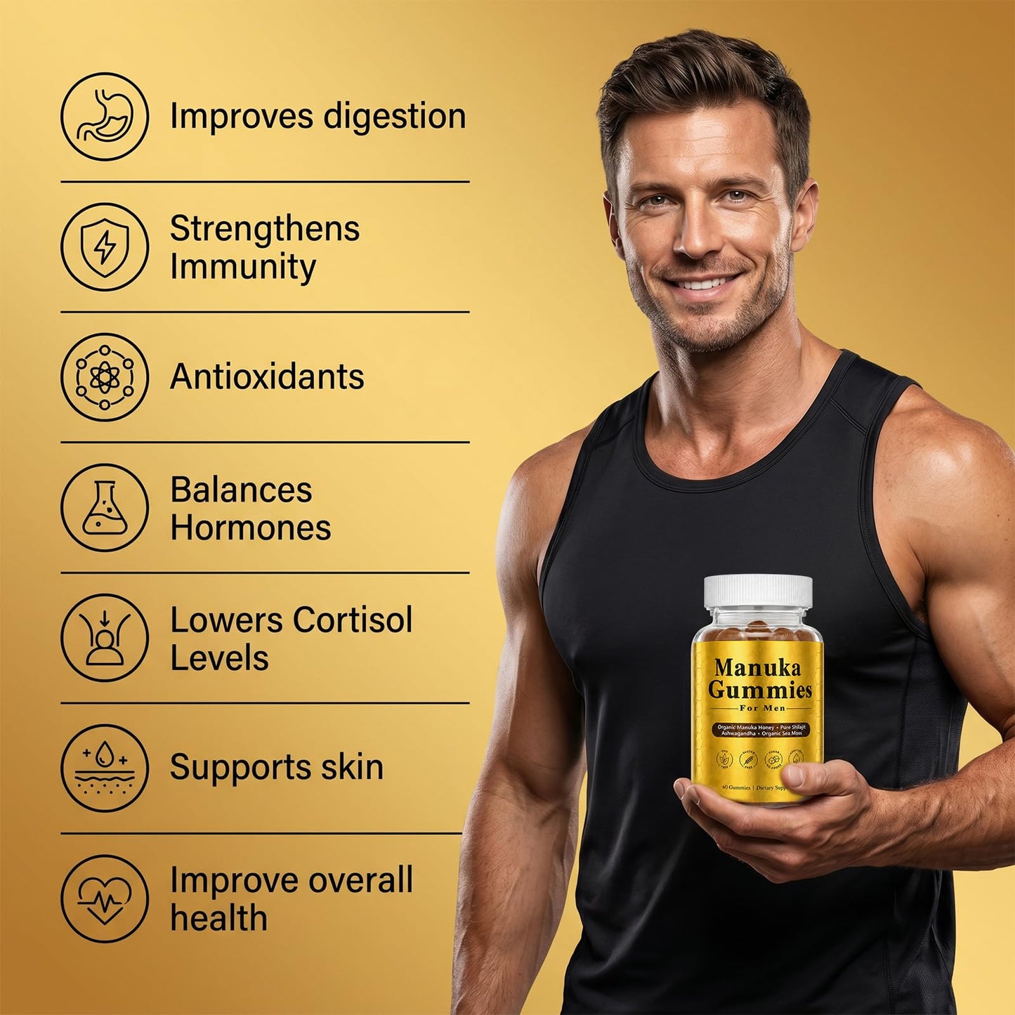 Plutarn Manuka Honey for Men, with Shilajit, Ashwagandha, Sea Moss 60 Gummies