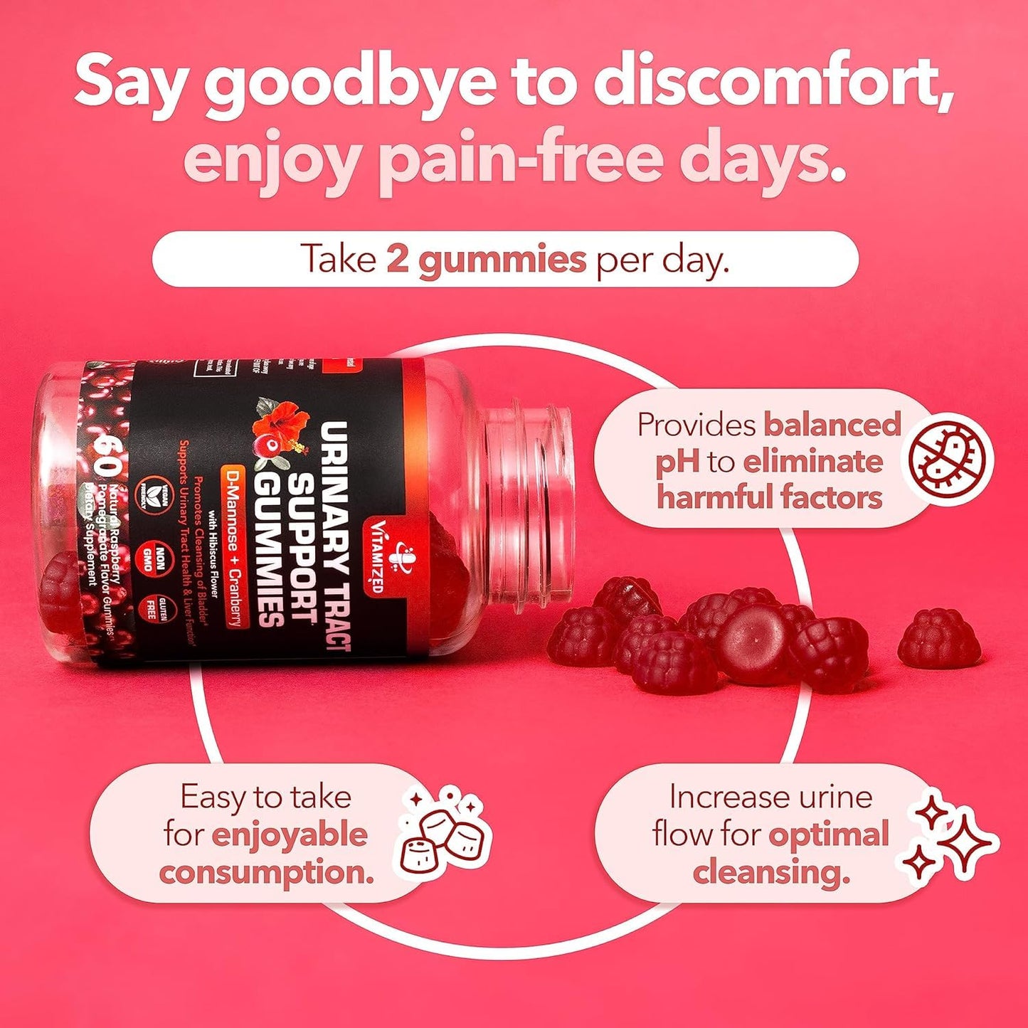 VITAMIZED Cranberry Gummies with D-Mannose Urinary Flush with Hibiscus Powder, 180 Count