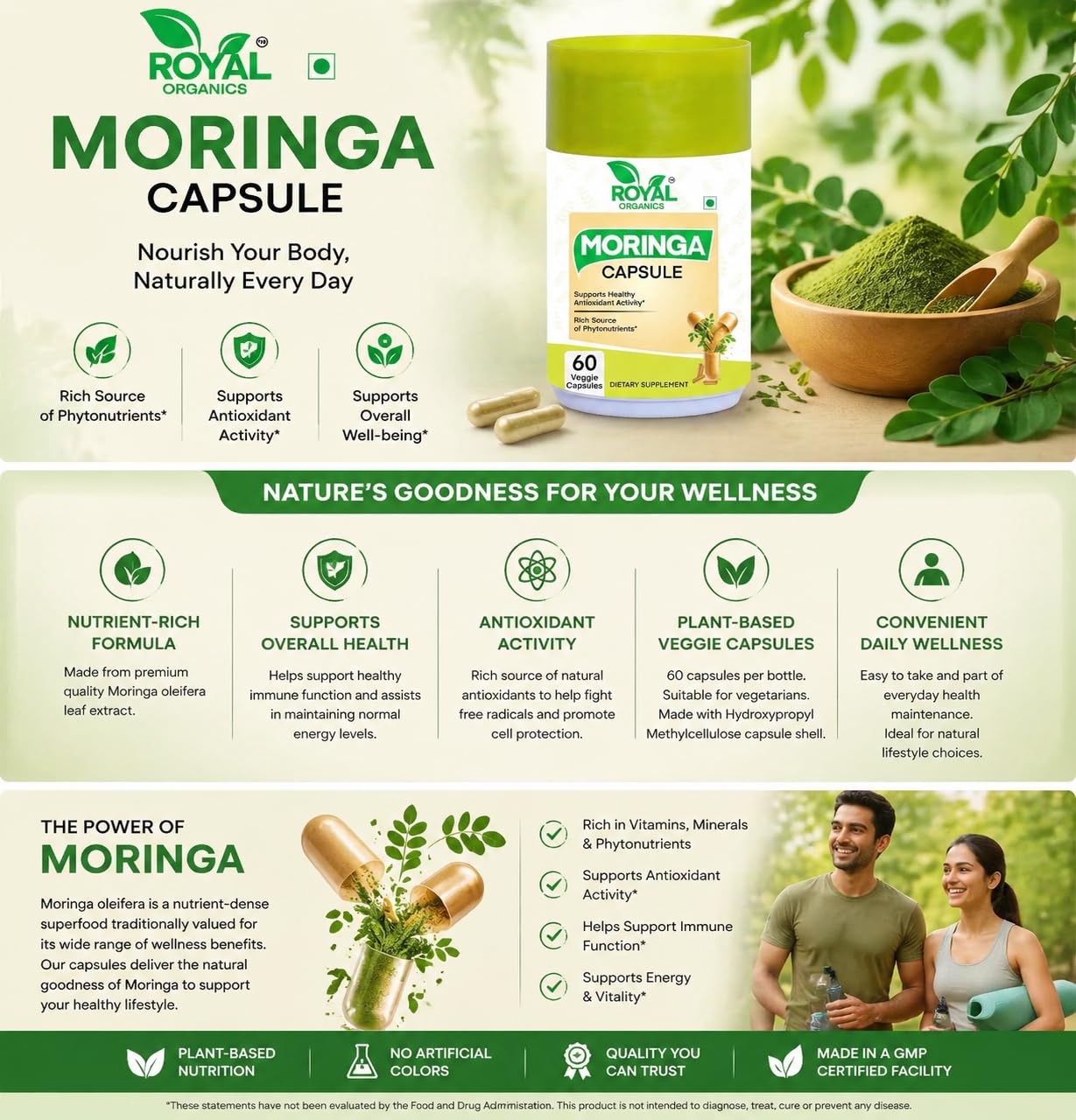 ROYAL ORGANICS Moringa Capsules 500 mg, 10:1 Leaf Extract, 60 Capsules