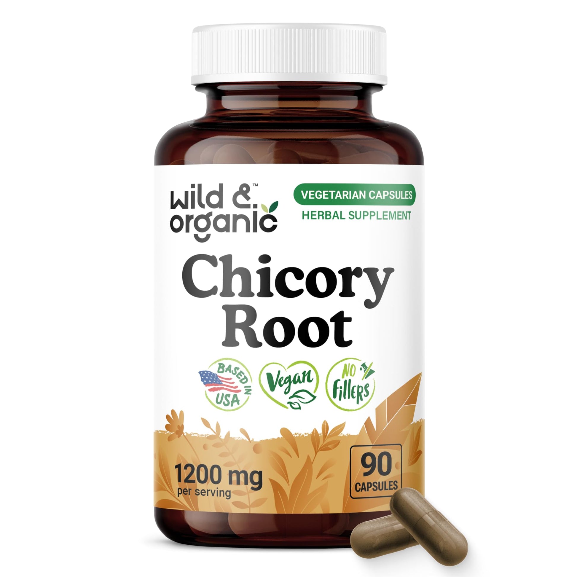 Wild & Organic Chicory Root Capsules 1200 mg per Serving Digestive & Gut Support Inulin Fiber Prebiotic Supplement Non-GMO, Vegan, 90 Count