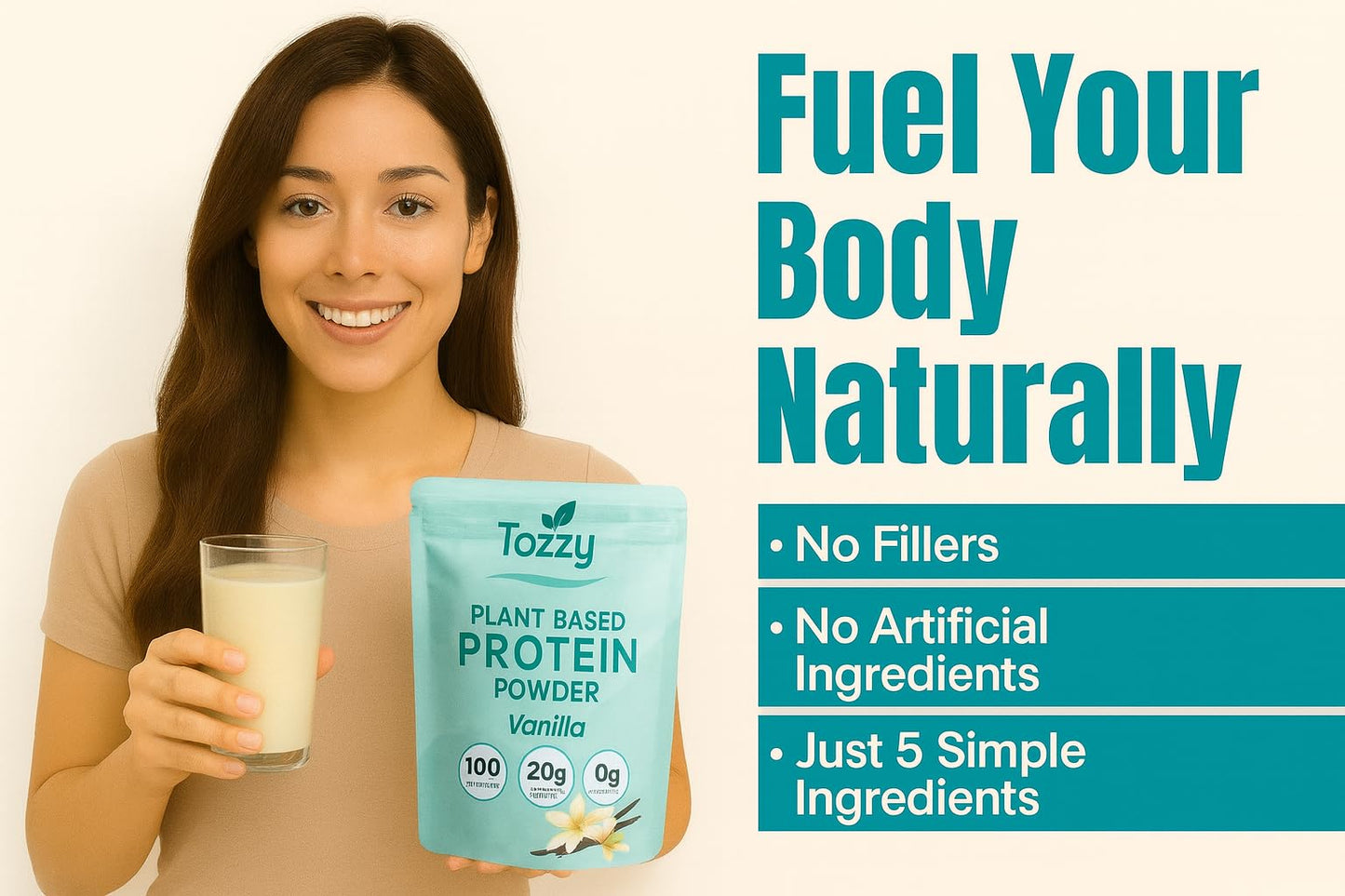 TOZZY Organic Vegan Protein Powder Vanilla, 16 Servings