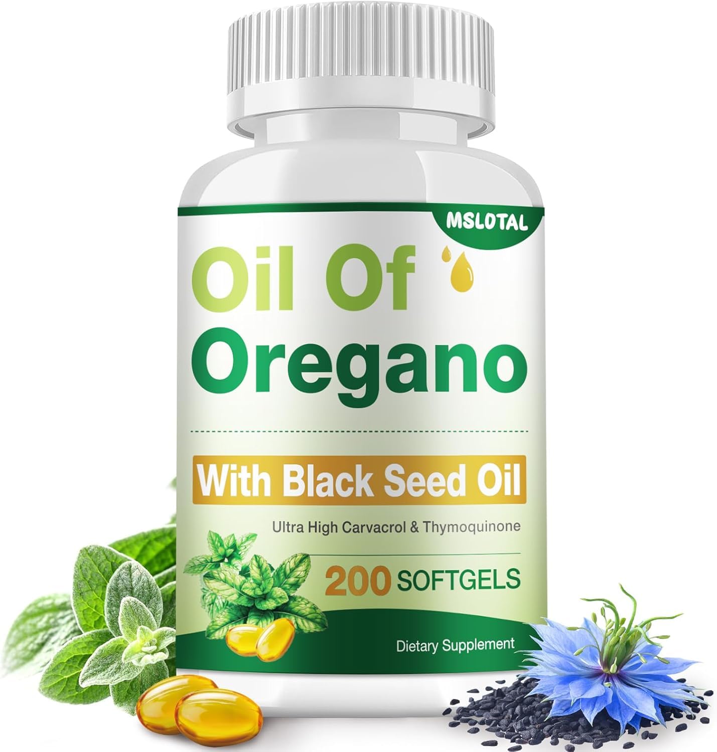 MSLOTAL Oil of Oregano with Black Seed Oil Softgel Capsules 200 Count