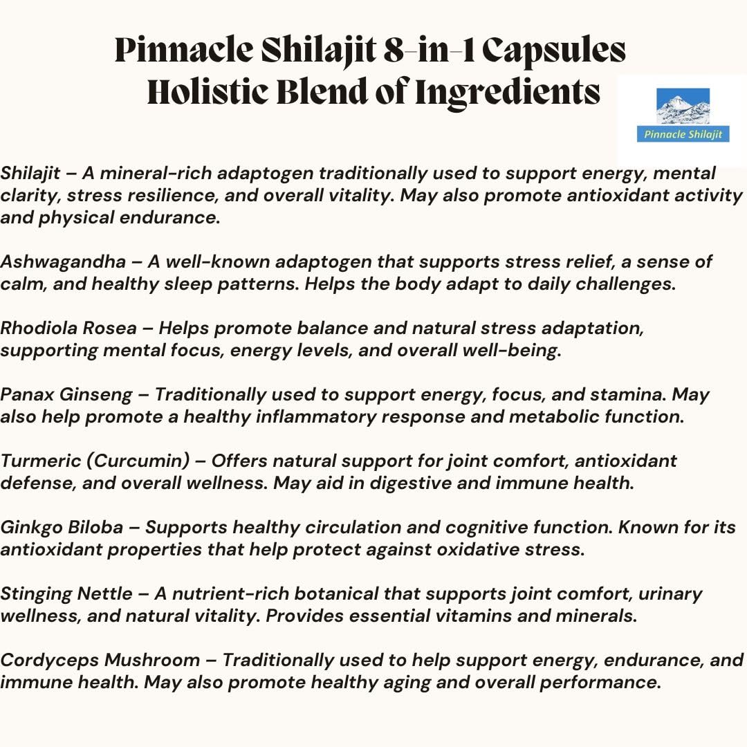 PINNACLE SHILAJIT 8-in-1 Capsules with Shilajit, Rhodiola Rosea, Ashwagandha, Ginseng, Ginkgo Biloba, Turmeric, Cordyceps Mushroom & Stinging Nettle Supports Energy, Mental Clarity & Immunity, 60 Capsules