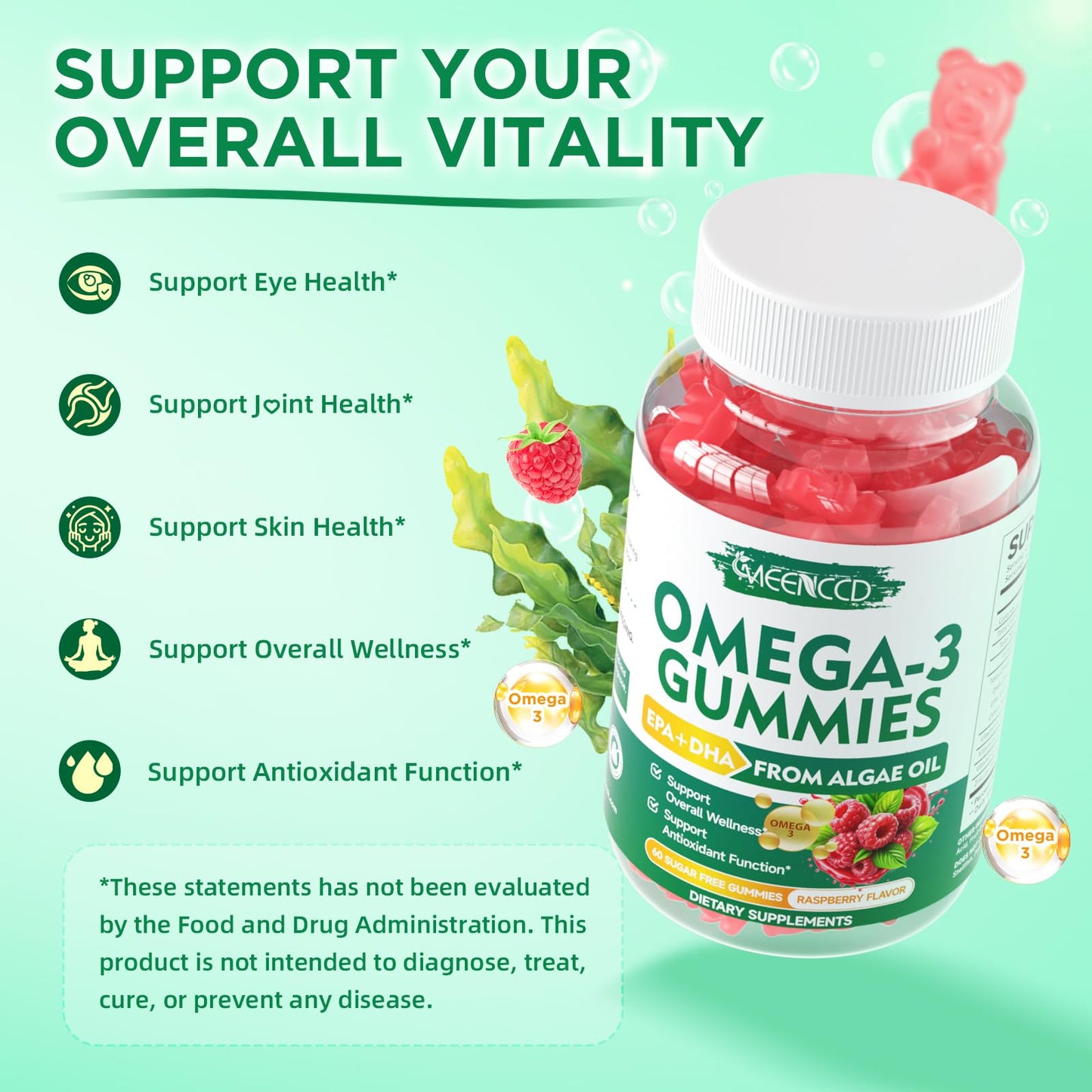 MEENCCD Omega-3 Gummies 1000mg (Algae-Based DHA 600mg & EPA 300mg) Raspberry Flavor, 120 Count