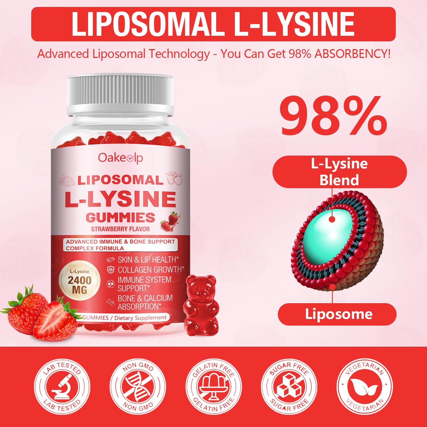 Oakevlp Liposomal L-Lysine 2400mg & Vitamin C 1000mg Gummies, 180 Gummies