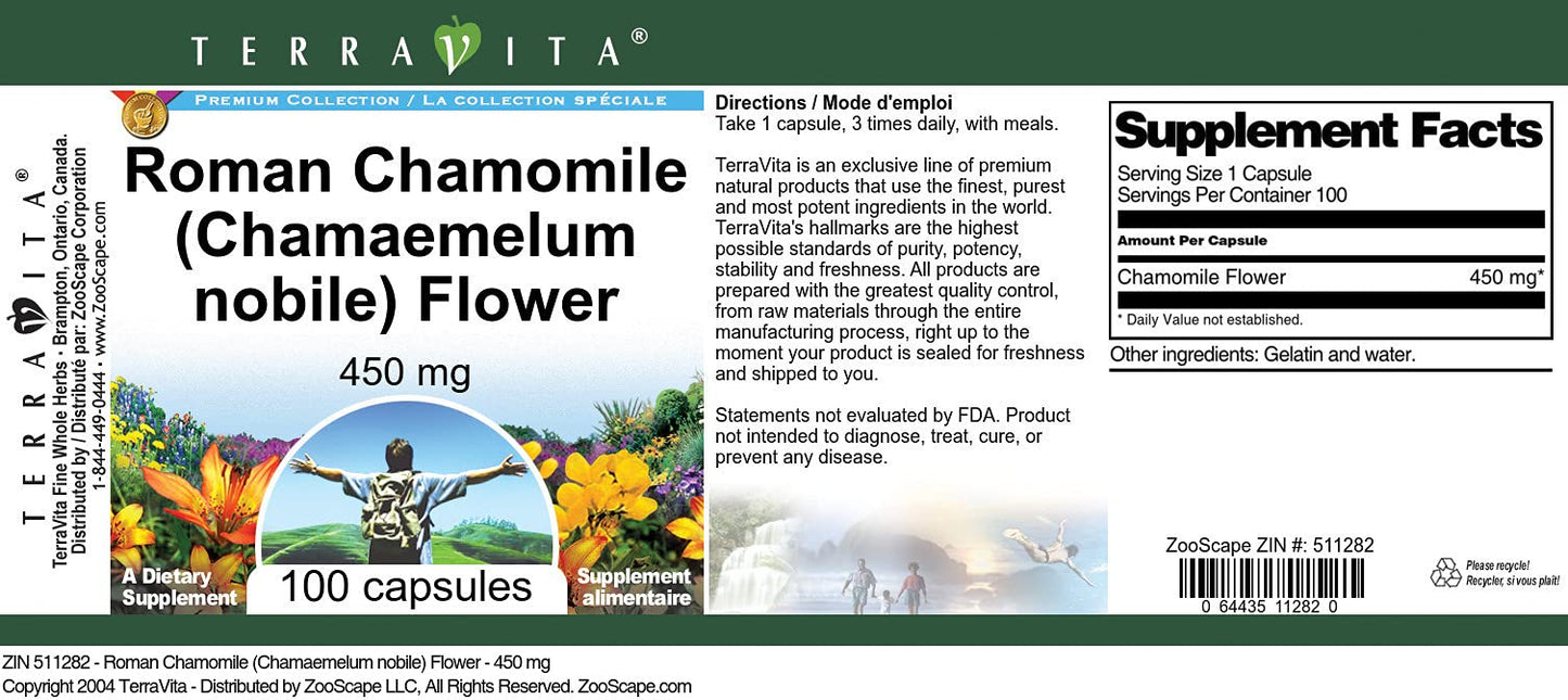 Terravita Roman Chamomile (Chamaemelum nobile) Flower 450 mg Capsules, 300 Count