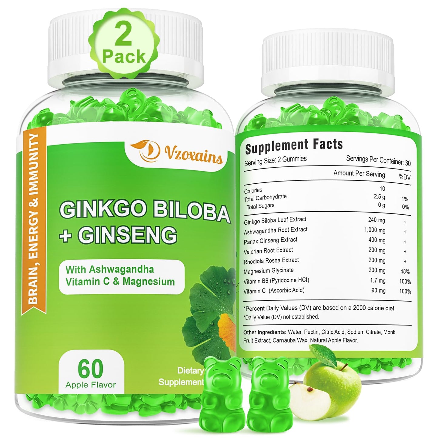 VZOXAINS Ginkgo Biloba Gummies, 120 Gummies