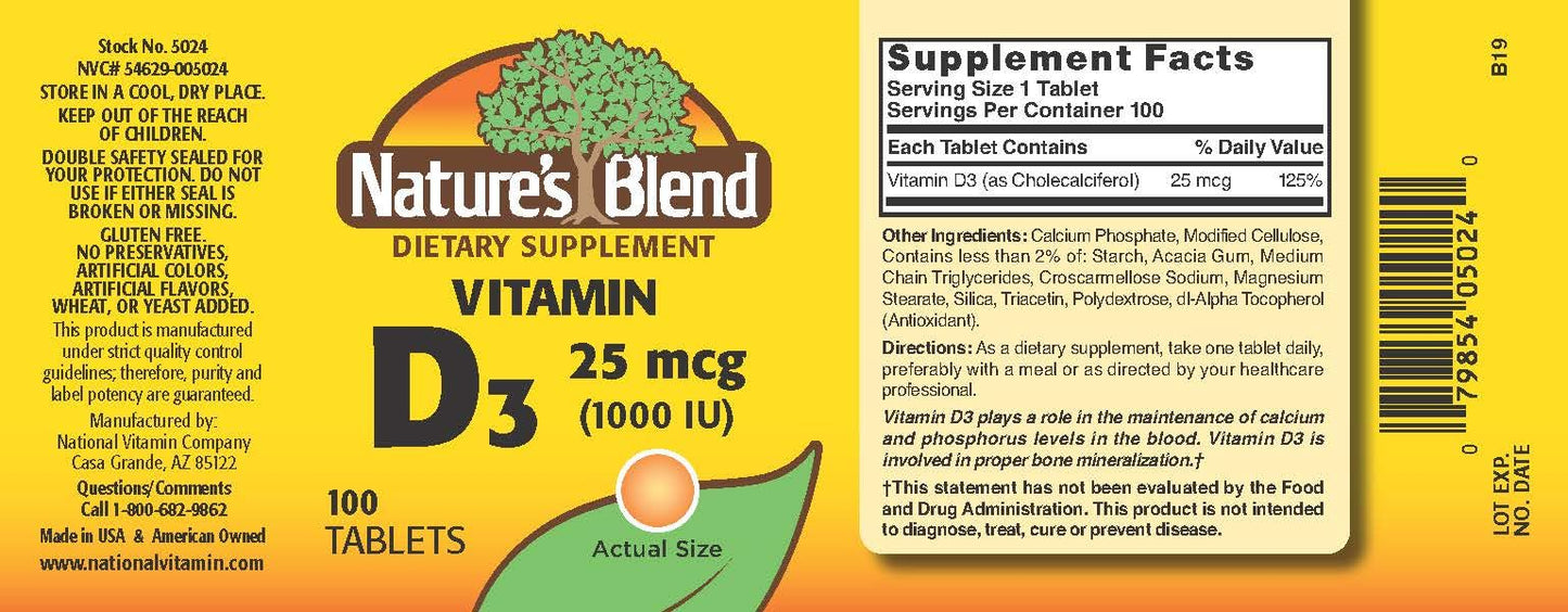 Nature's Blend Vitamin D3 1000IU Tablet, 100 Tablets