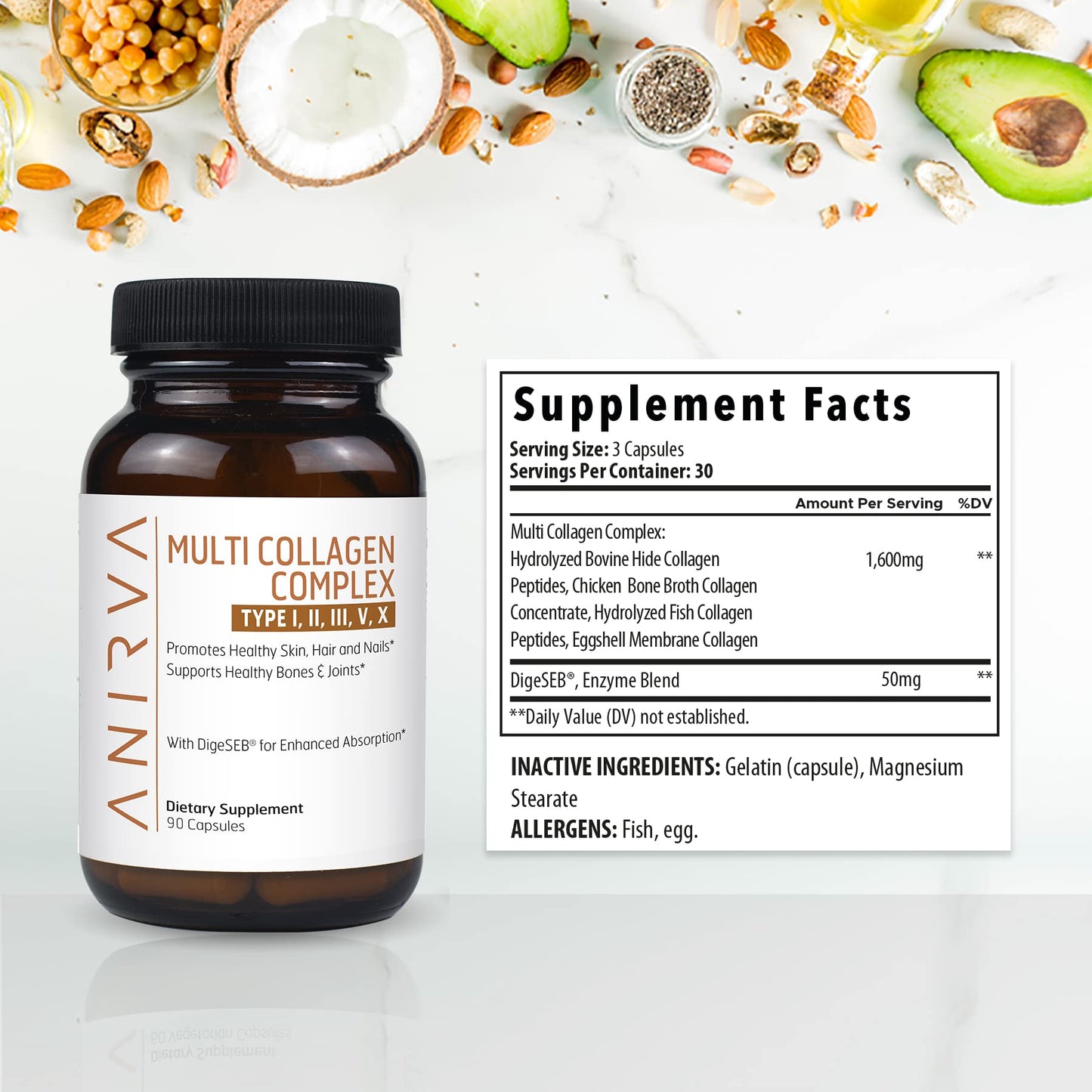 ANIRVA Multi Collagen Complex Type I, II, III, V, X Capsules 90 Count