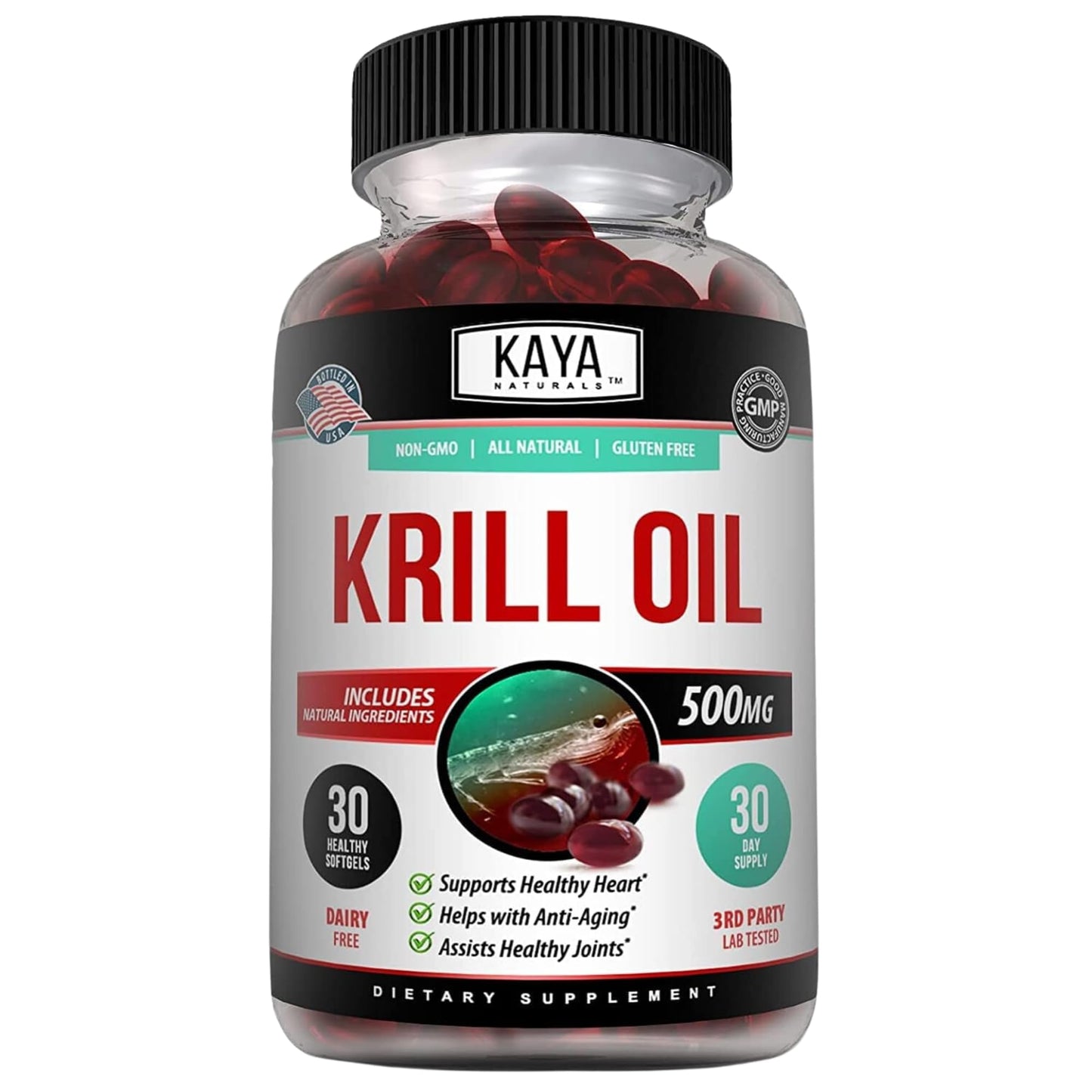 Kaya Naturals Antarctic Krill Oil 500mg with Omega-3 EPA, DHA, Phospholipids & Astaxanthin Softgels, 30 Count