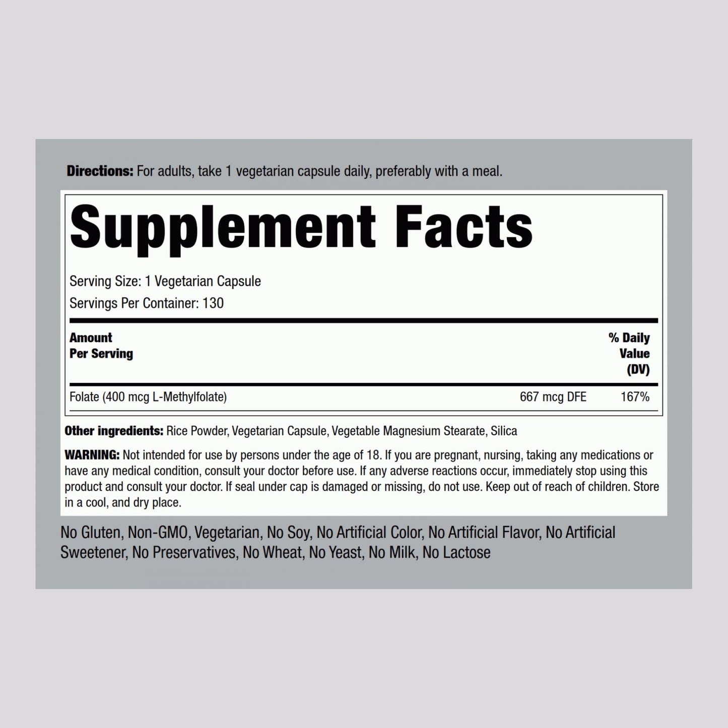 Piping Rock L-Methylfolate Supplement 400 mcg Capsule 130 Count
