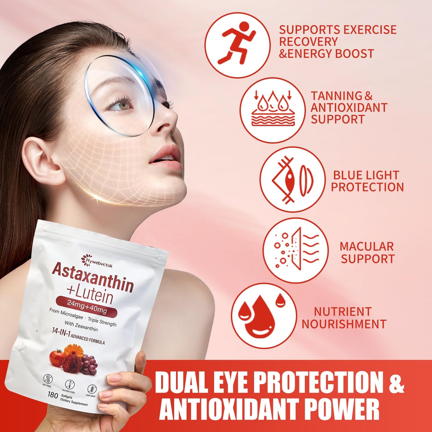 Hywebvctok 14-in-1 Astaxanthin with Lutein & Zeaxanthin (24mg/40mg), Fresh Microalgae Source, Non-GMO, Eye & Skin Health, 180 Softgels