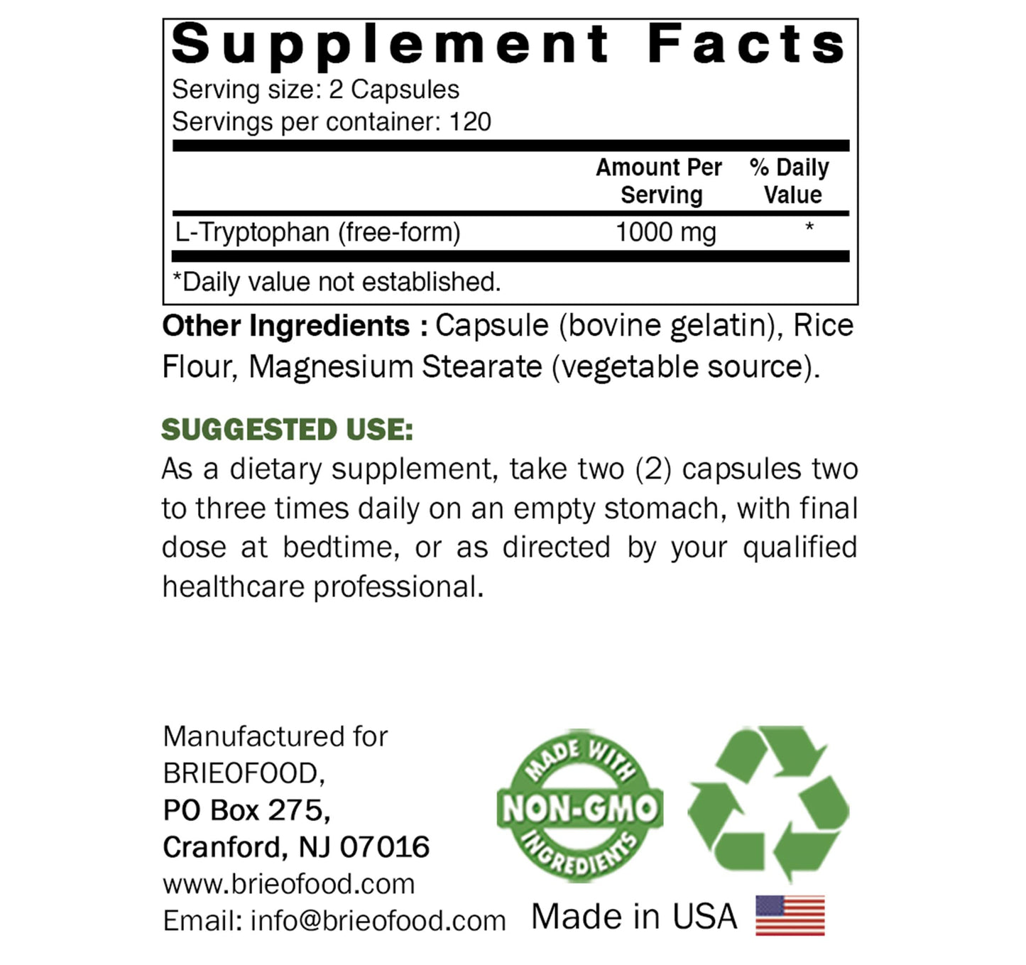 Brieofood L-Tryptophan 1000mg Capsule, 240 Count