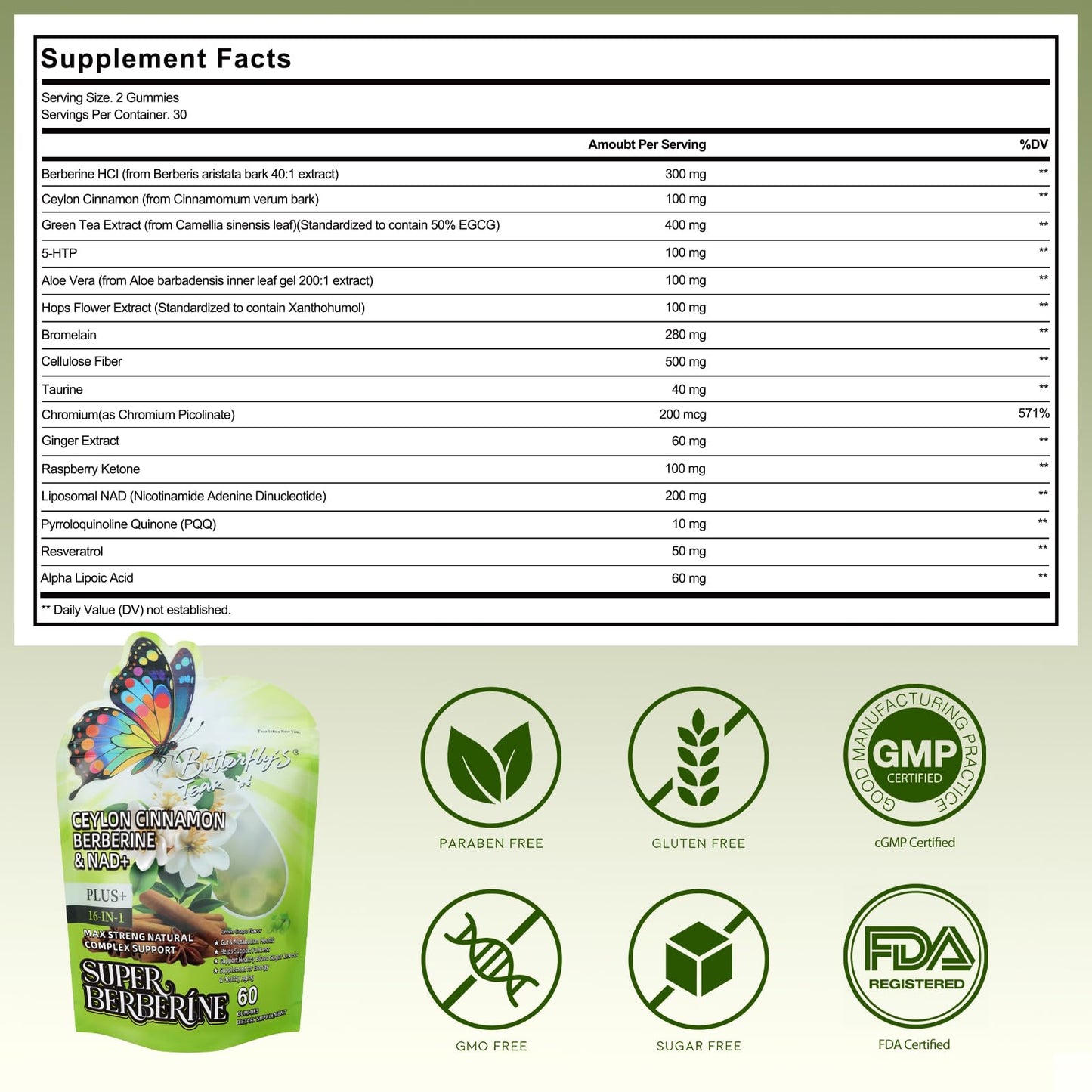 BUTTERFLY'S TEAR Berberine Supplement Gummies, 120 Gummies