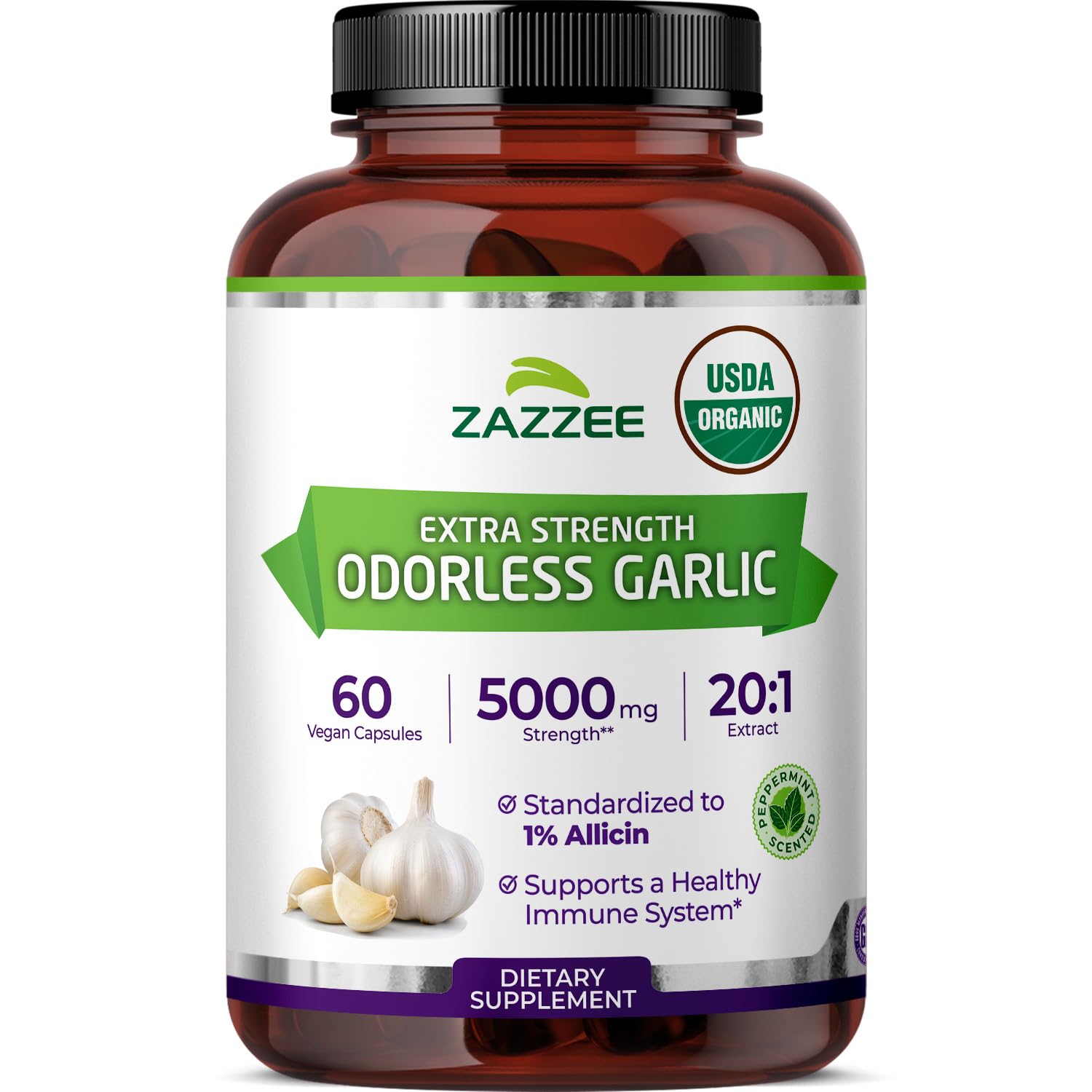Zazzee USDA Organic Odorless Garlic 20:1 Extract, 1% Allicin, 60 Capsules