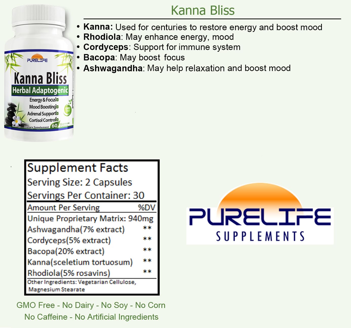 PureLife Supplements Kanna Bliss - Herbal Adaptogenic Capsule, 60 Count