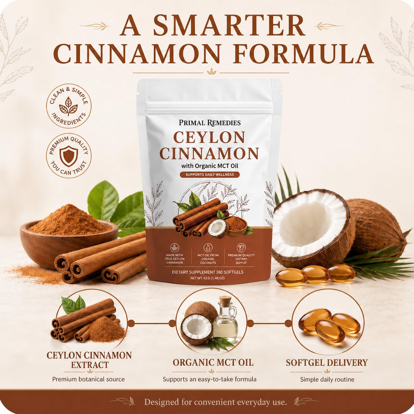 Primal Remedies Ceylon Cinnamon Softgels with MCT Oil, 300 Softgels