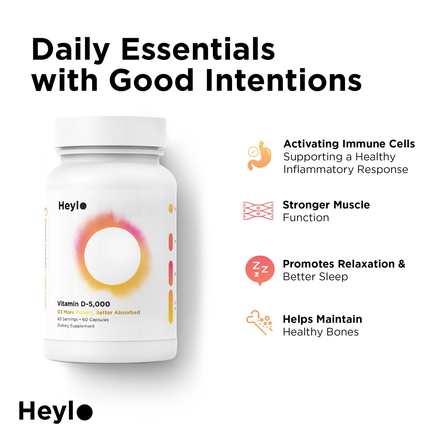 Heylo Health Vitamin D3 5000 IU (125 mcg) – High-Potency Vitamin D Supplement for Immune Support, Bone Strength & Mood – 60 Capsules