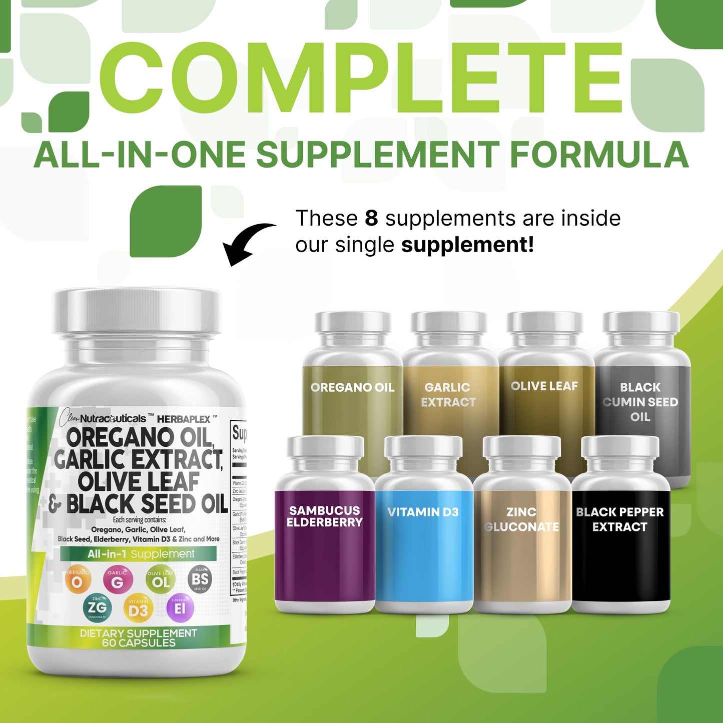 Clean Nutraceuticals Oregano Oil Garlic Extract Olive Leaf Black Seed Oil 60 Capsules