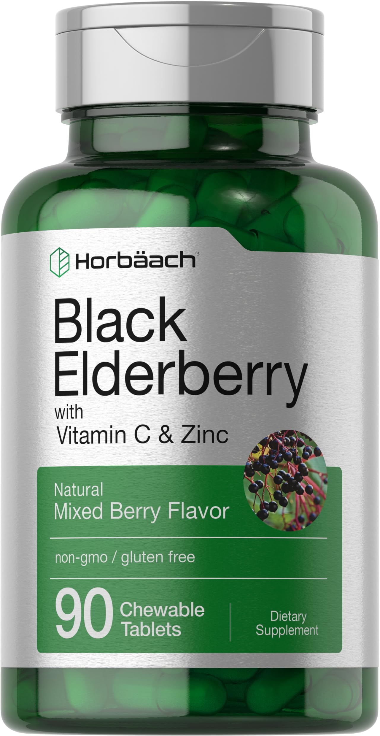Horbäach Black Elderberry with Vitamin C and Zinc Chewable Tablets, 90 Count
