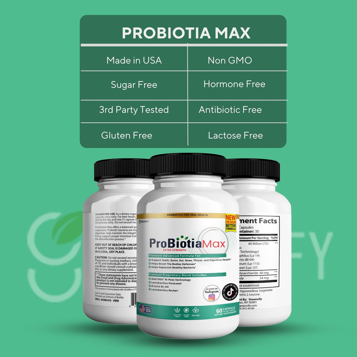 GREENVIFY ProBiotia Max 40 Billion CFU Extra Strength Oral Probiotic Supplement Capsule, 60 Capsules