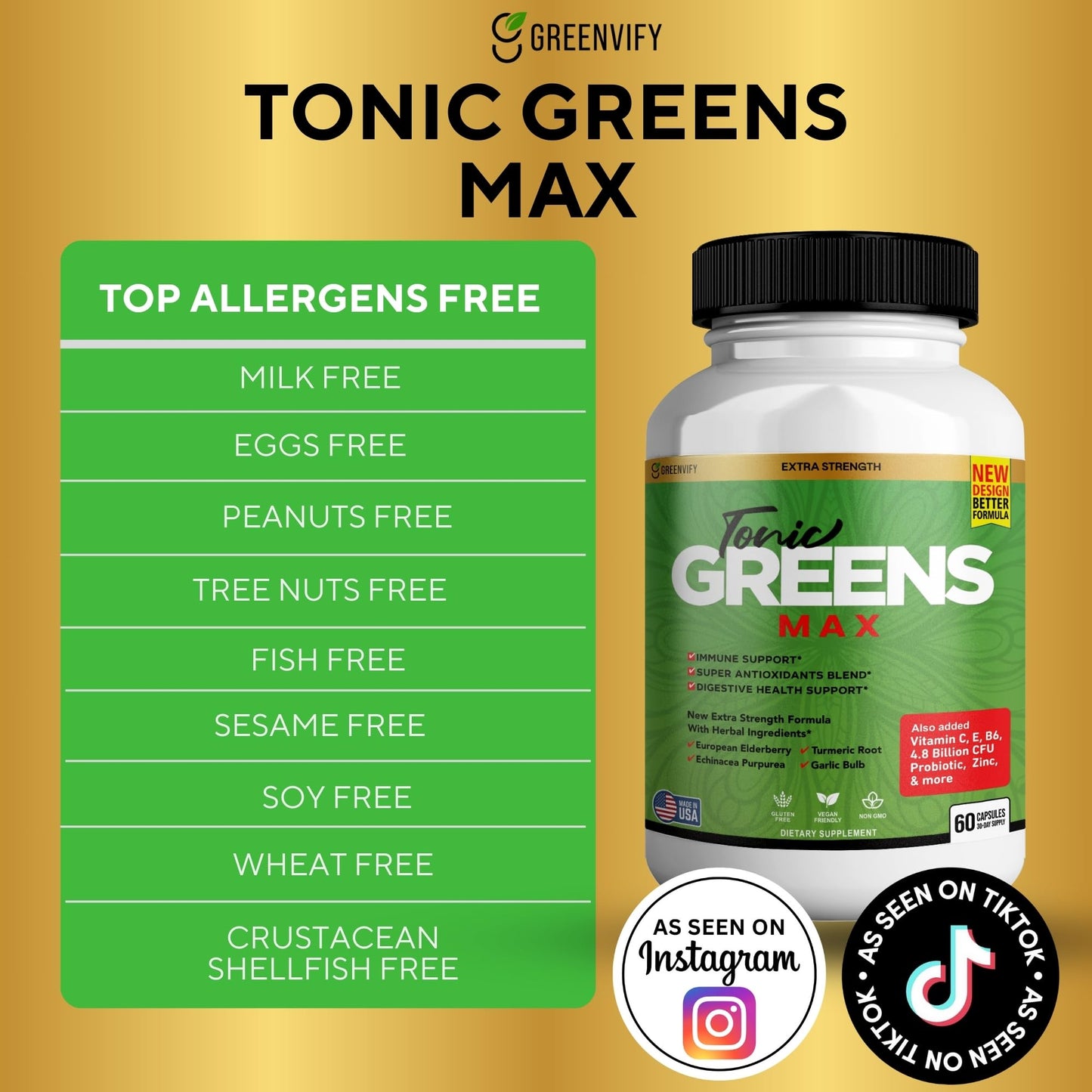 GREENVIFY Tonic Greens Max Extra Strength Immune Support Supplement 60 Capsules