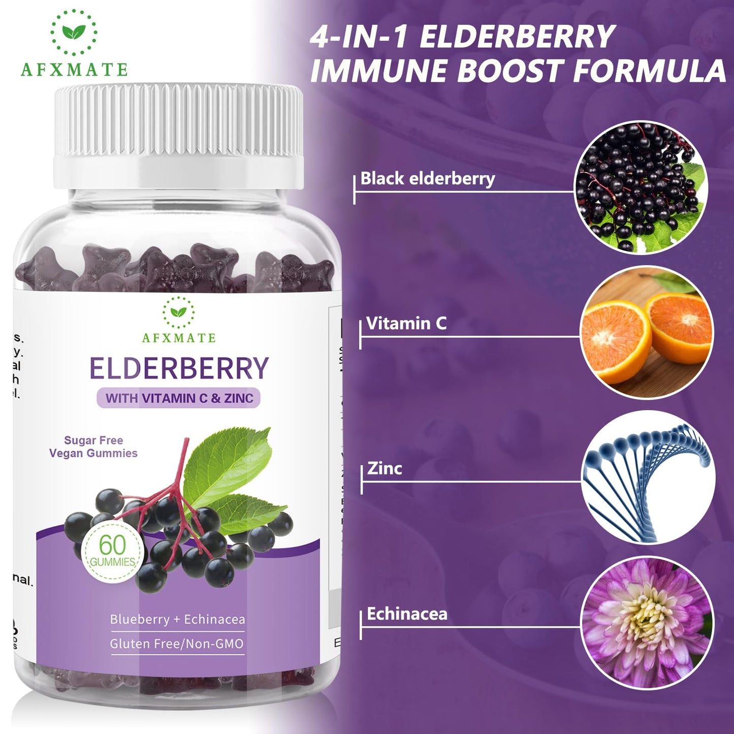 AFXMATE Sambucus Black Elderberry Gummies with Zinc and Vitamin C for Adults and Kids, Sugar Free, 120 Gummies