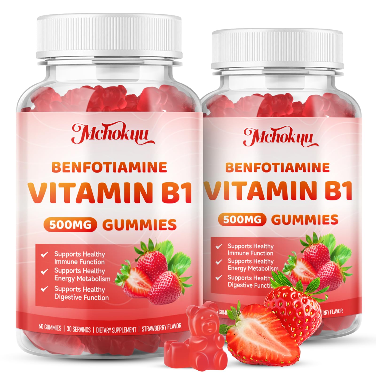 Mchokuu Vitamin B1 Gummies 500mg with Benfotiamine – Thiamine Supplement for Women & Men Supports Healthy Energy Metabolism & Immune, Sugar-Free | Vegan | Non-GMO, Natural Strawberry Flavor, 120 Count