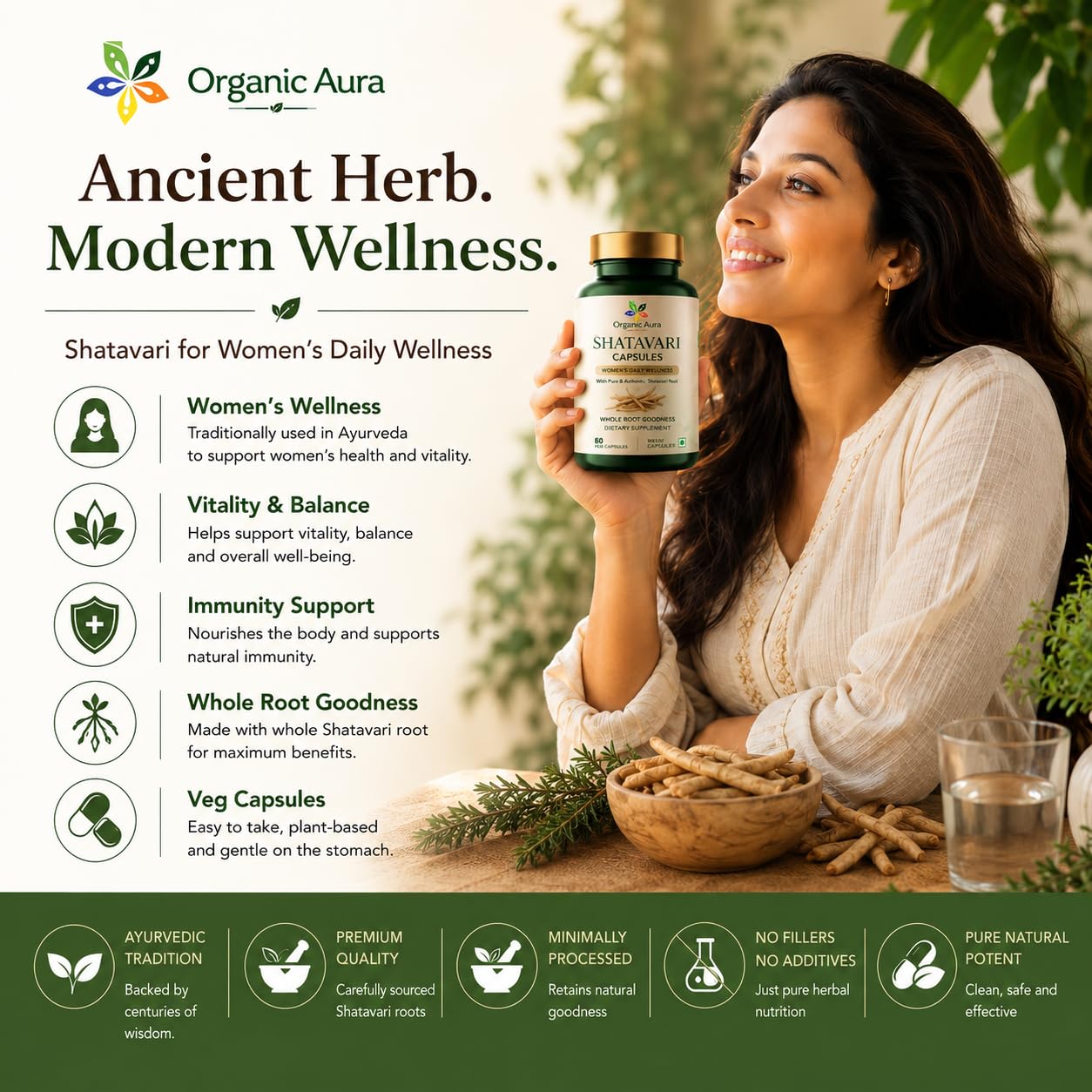 Organic Aura International Shatavari Root Powder Capsules, 150 Count