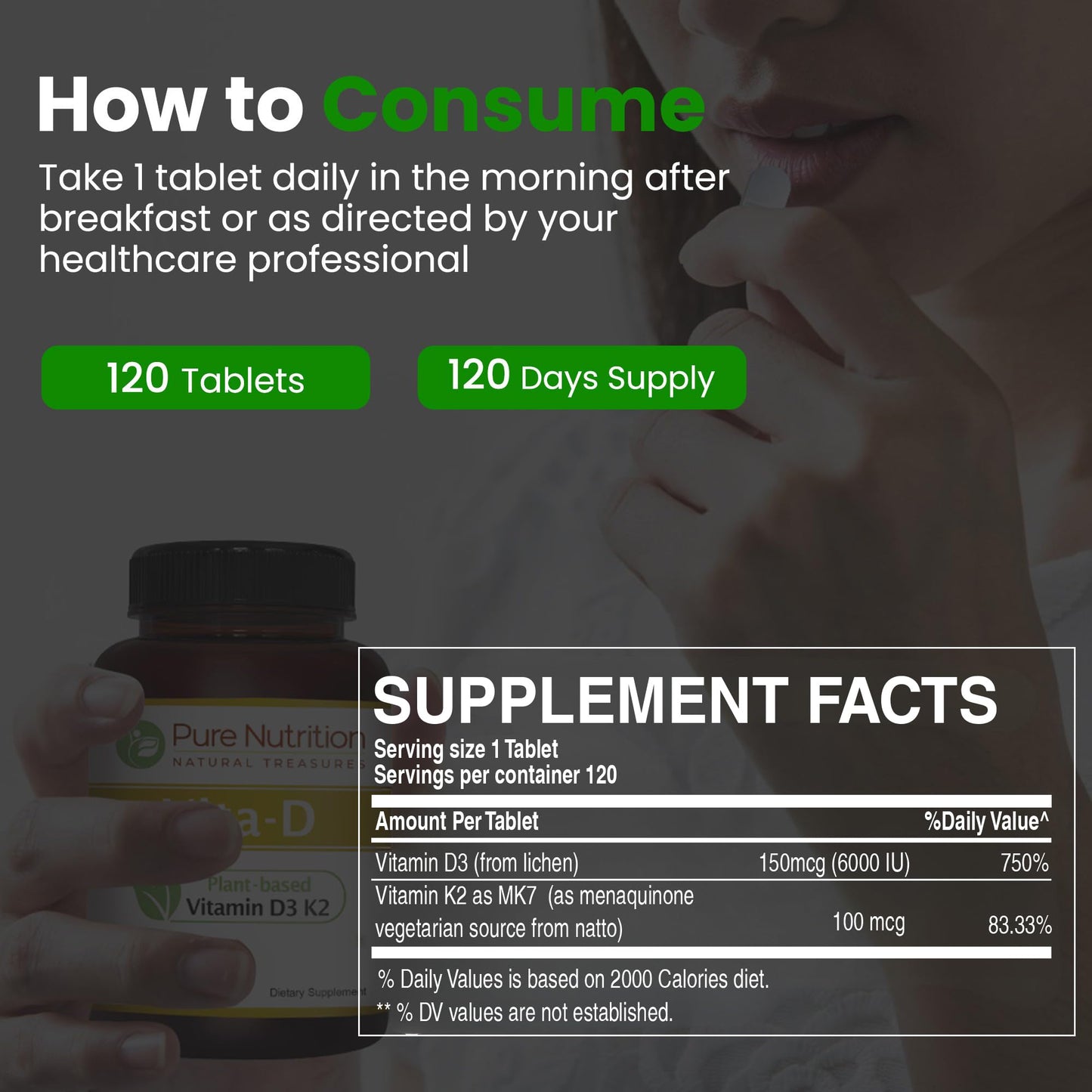 Pure Nutrition Natural Treasures Vitamin D3 K2 Supplement Tablet, 120 Tablets