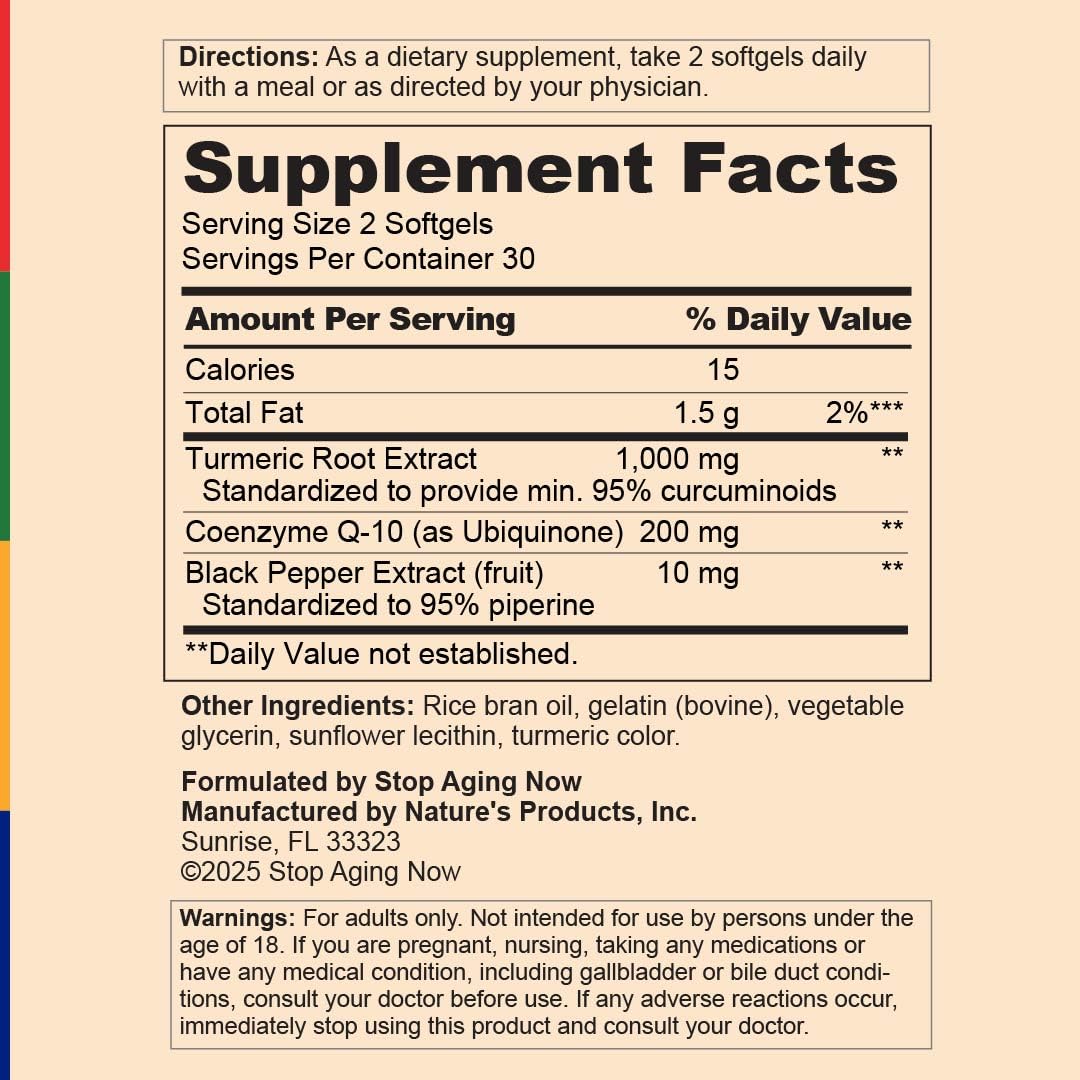 Stop Aging Now Curcumin CoQ10 Complex with Turmeric Root Extract - Antioxidant & Cardiovascular Support, 60 Softgels