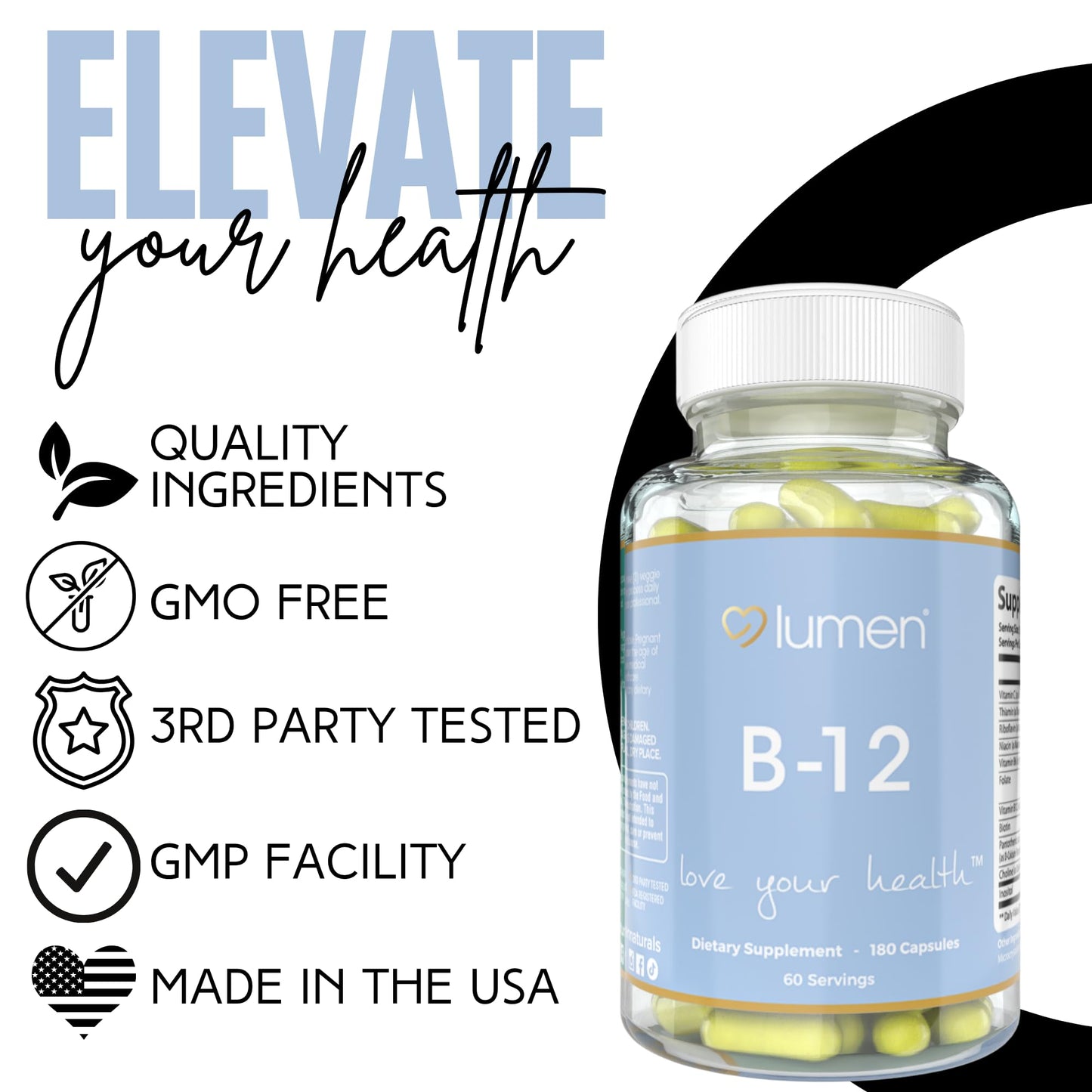 Lumen Naturals B-12 Complex for Women 3000mcg Per Serving with Vitamin C & Biotin Capsules, 180 Count