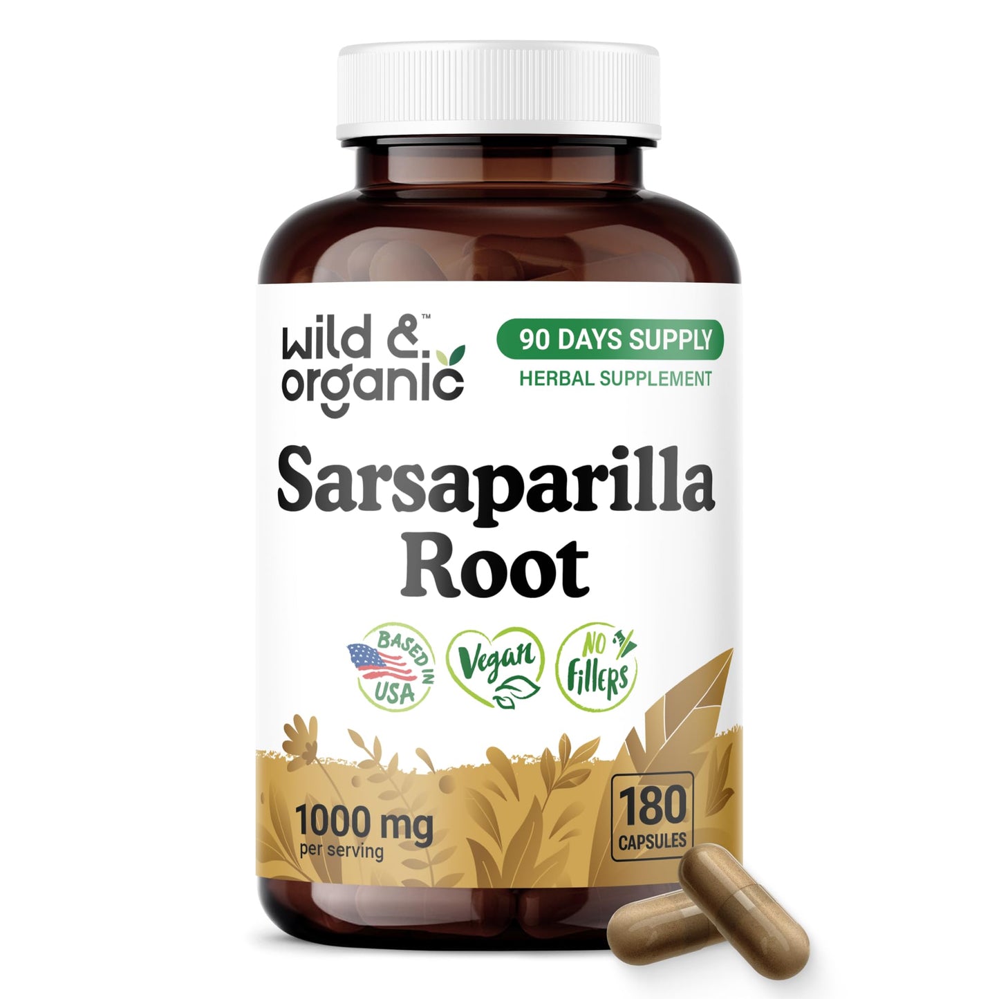 Wild & Organic Sarsaparilla Root 1000mg Capsules, 180 Count