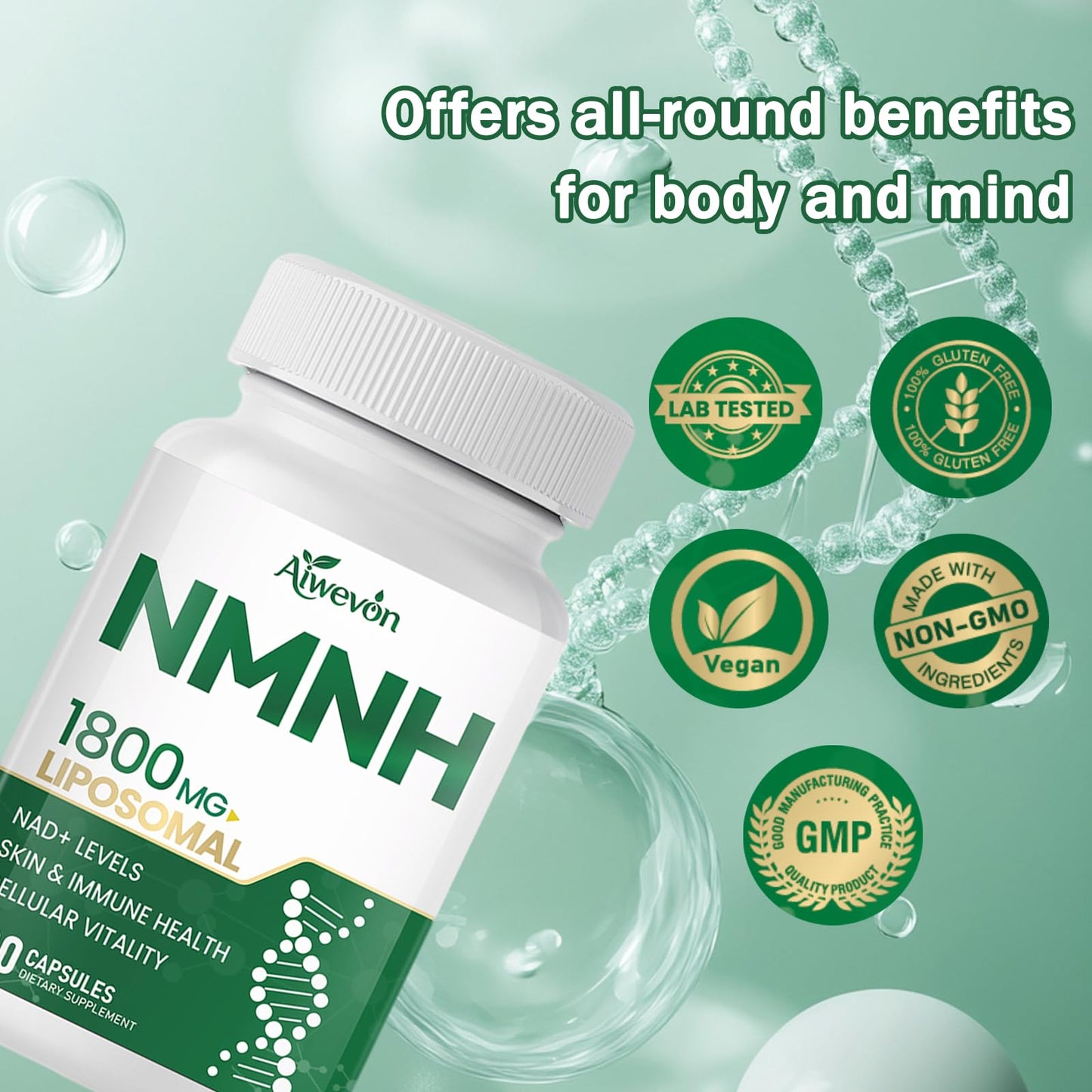 Aiwevon NMNH 1800mg Liposomal NAD+ Supplement NMNH NMN Alternative with Nicotinamide Riboside & Resveratrol, NAD Booster for Cellular Energy Healthy Aging Support, 120 Vegan Capsules