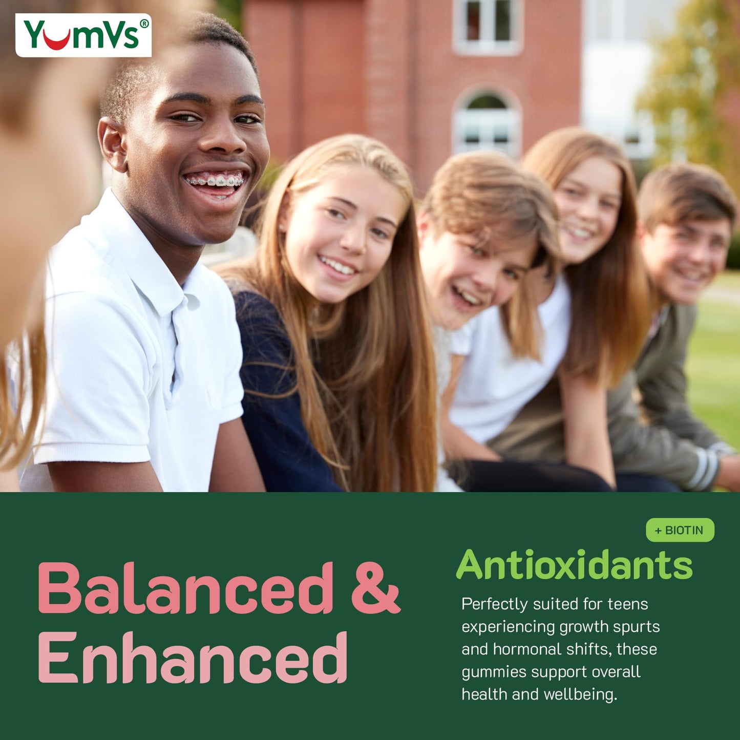 YUM-V'S Teen Multivitamin Gummies with Biotin & Antioxidants – Raspberry Flavor – Hair, Skin & Nails Support – Kosher Gummies for Teens 12–17, 60 Count