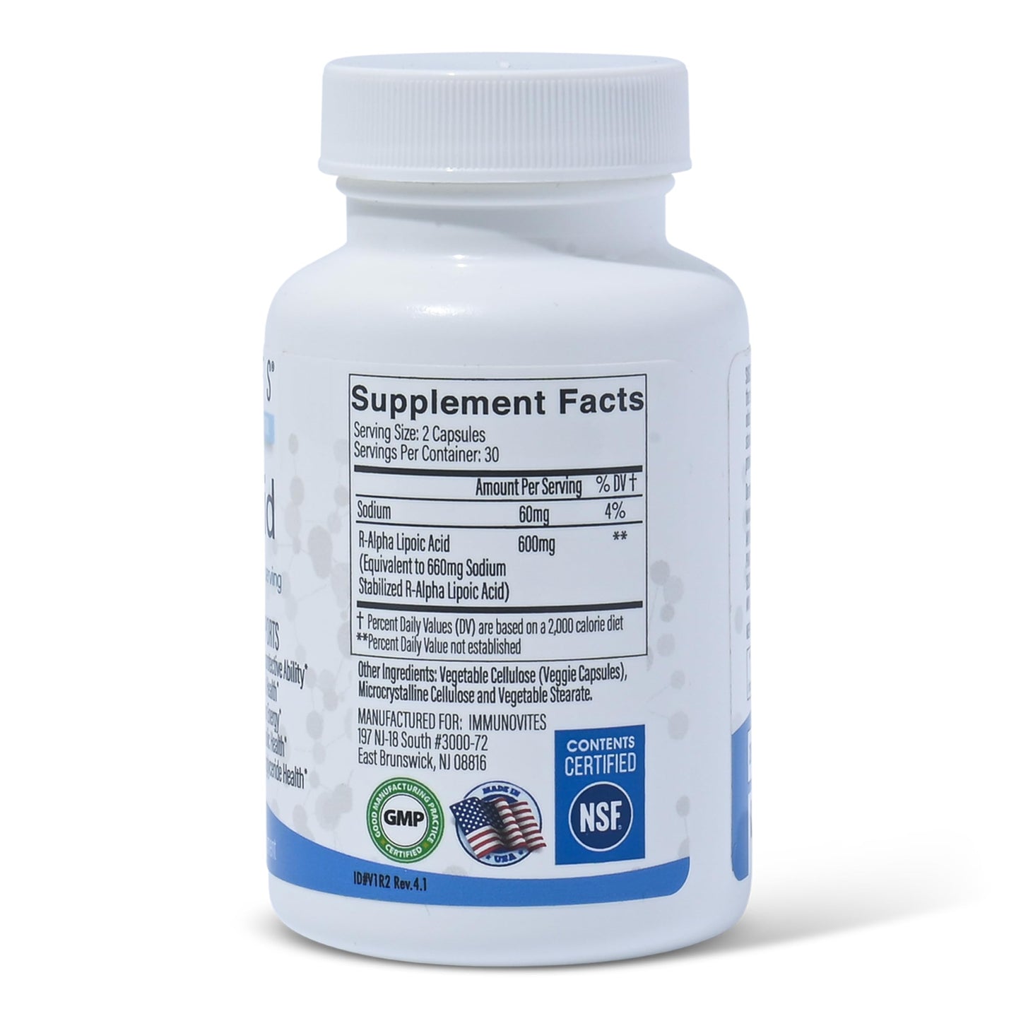 IMMUNOVITES Stabilized R-Alpha Lipoic Acid 600mg per Serving Capsules, 60 Count