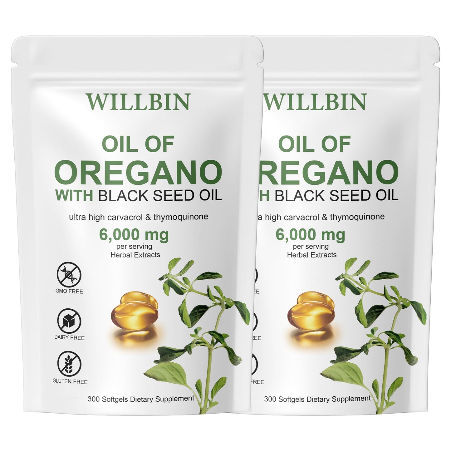 Willbin 2 in 1 6000mg Oil of Oregano with Black Seed Oil Softgels, Extra Strength Oil of Oregano Supplement, 300 Softgels