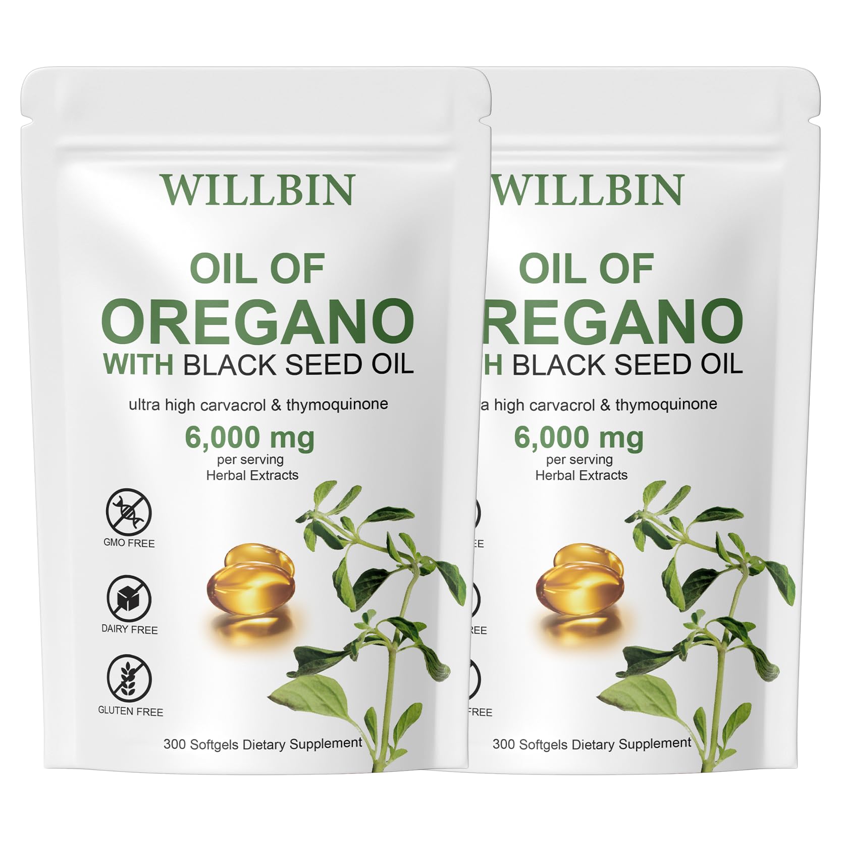Willbin 2 in 1 6000mg Oil of Oregano with Black Seed Oil Softgels, Extra Strength Oil of Oregano Supplement, 300 Softgels
