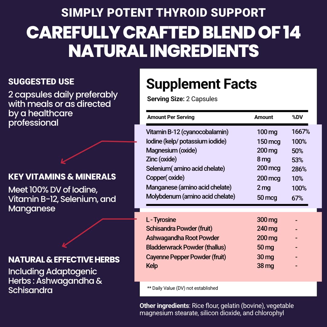 Simply Potent Thyroid Support & Adrenal Support Supplement 2-in-1 Natural Formula with Iodine & Ashwagandha, 60 Capsules