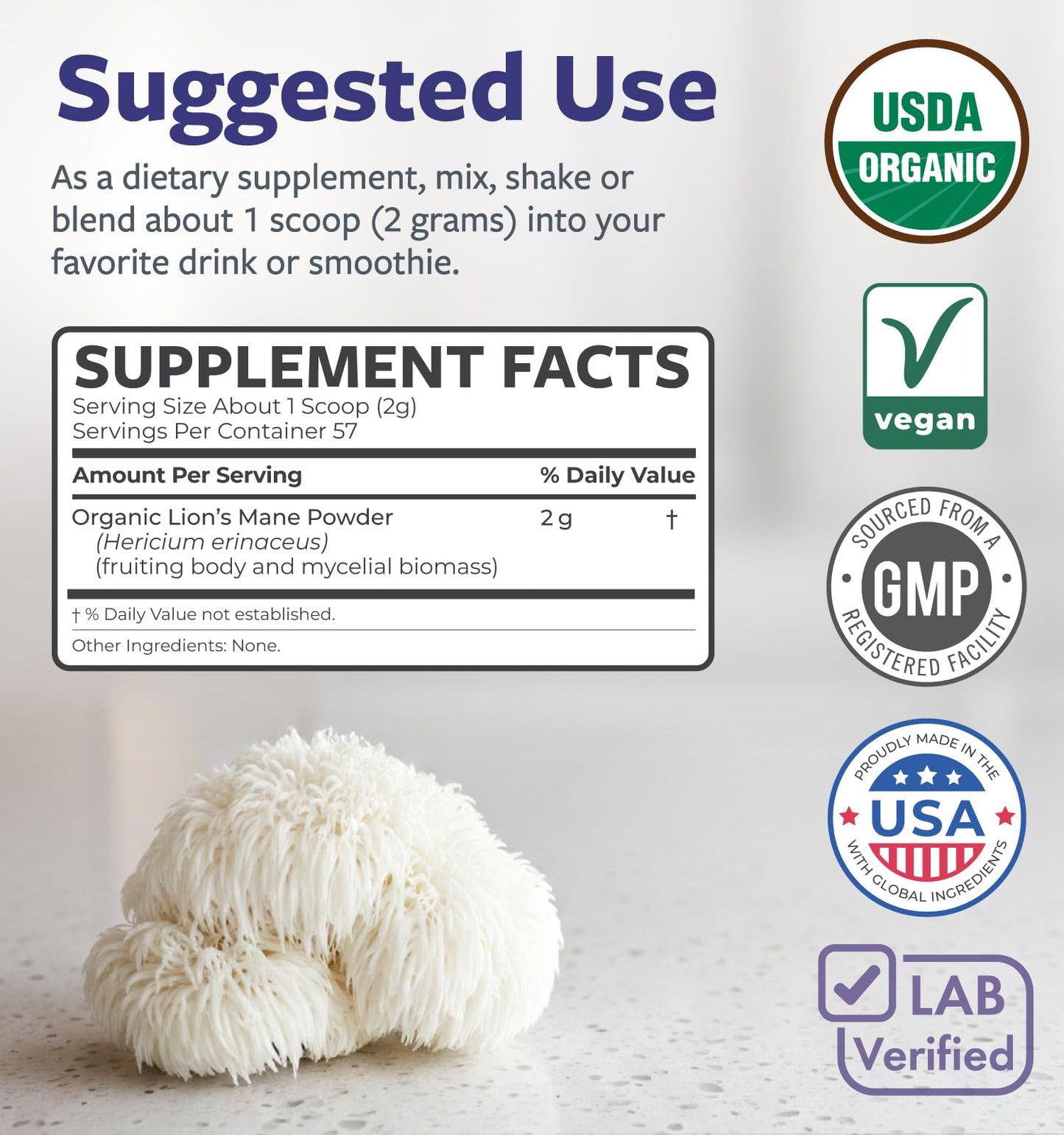 PURE CO USDA Organic Lion's Mane Mushroom Powder 4 Ounce