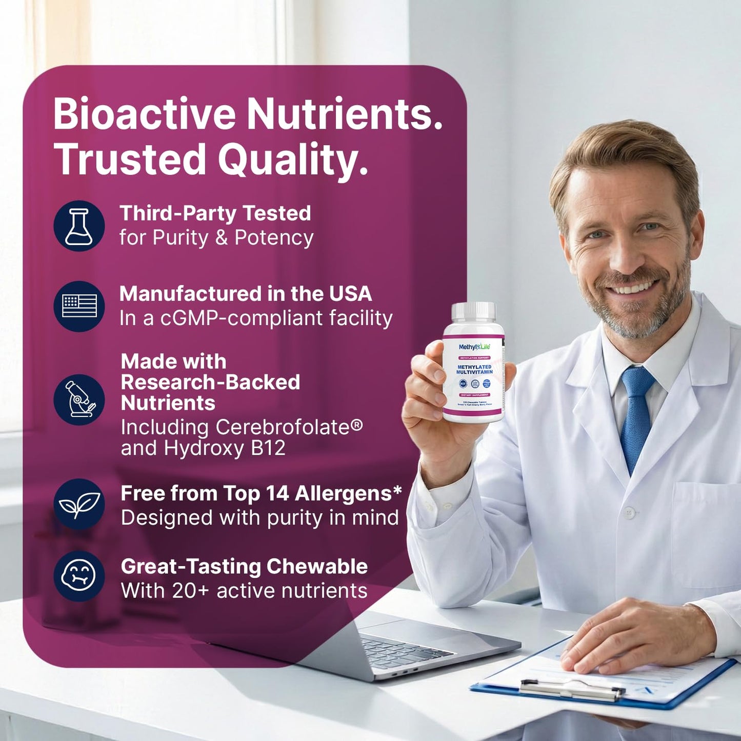 Methyl-Life Methylated Multivitamin – Chewable Multi with Active Folate (Cerebrofolate®) & B12 – High Absorption, Vegan, Non-GMO, Gluten-Free, 120 Tablets