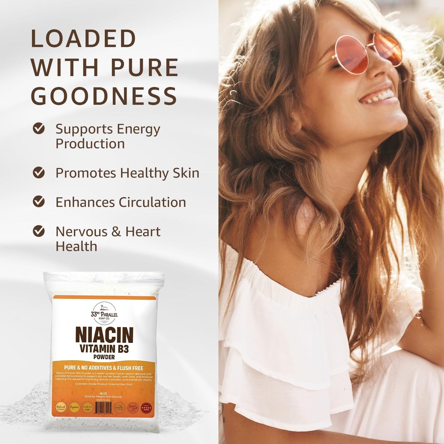 33RD PARALLEL SOAP CO. Niacin Vitamin B3 Powder, 16 Ounces