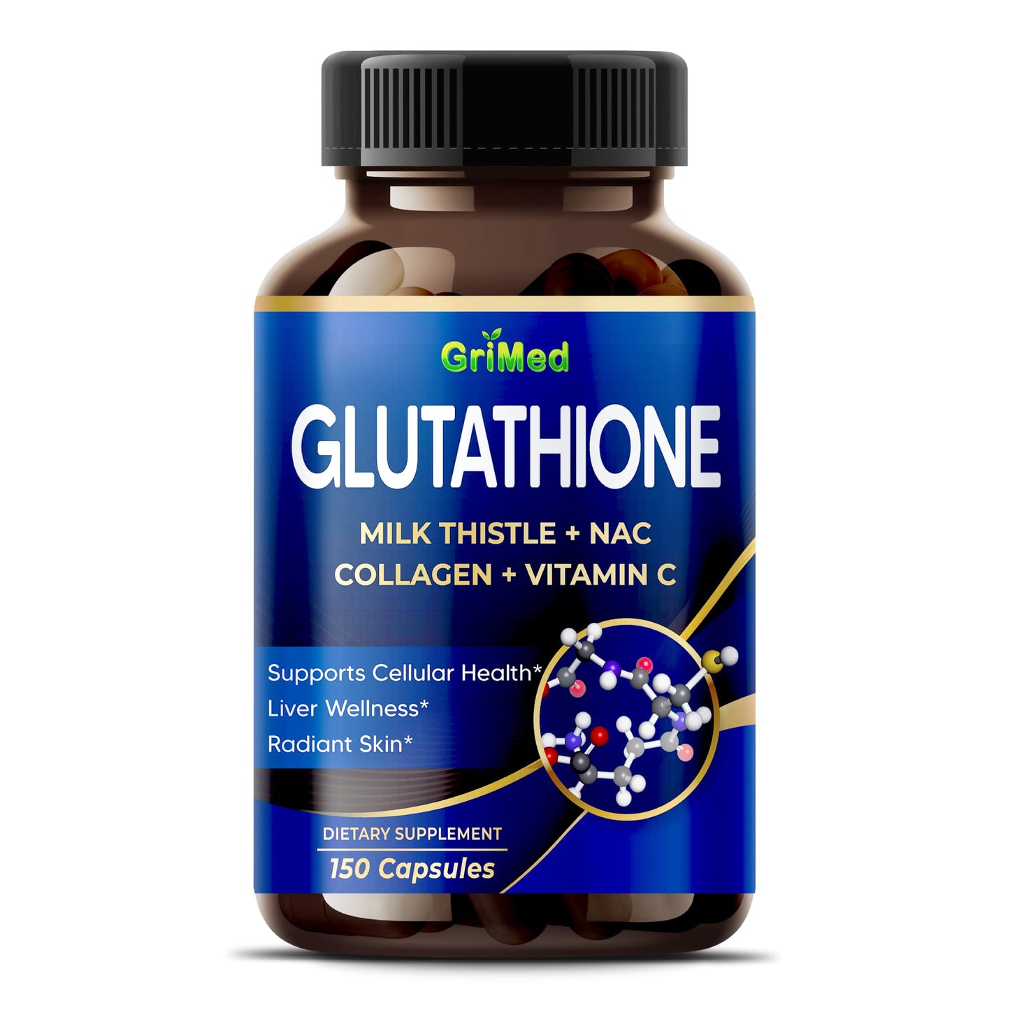 GriMed Glutathione Supplement with Milk Thistle, NAC, Collagen, Vitamin C - Cellular Wellness, Radiant Skin Capsules, 150