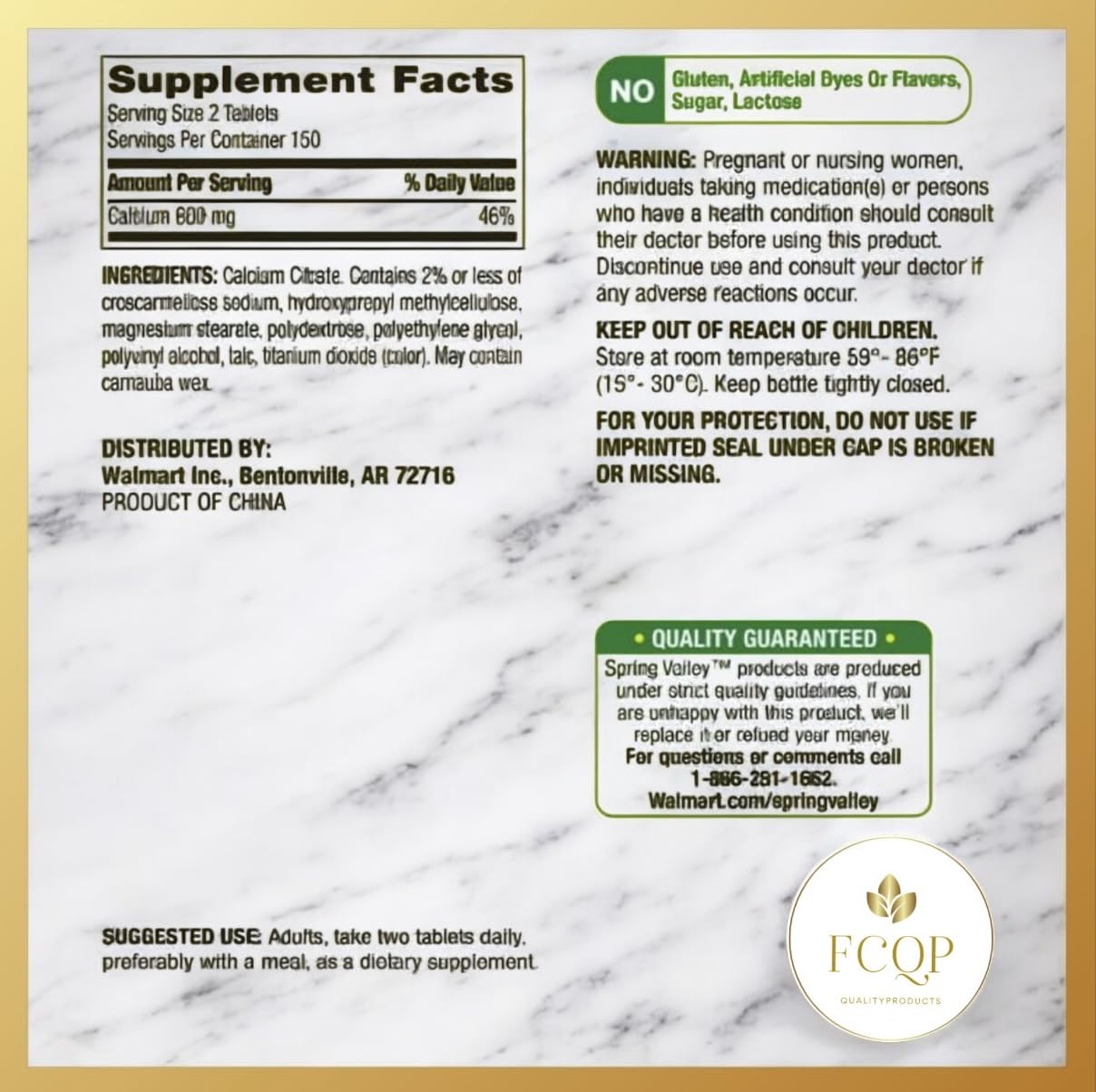 FCQP Spring Valley Calcium Citrate Bone Health Supplement 600mg, 300 Tablets