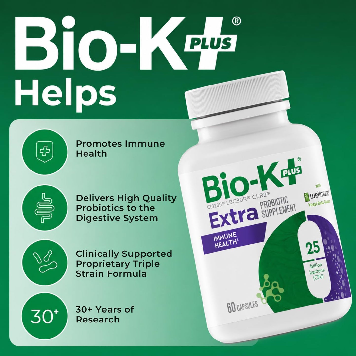 Bio-K Plus Probiotic for Immune Health with Wellmune® Delayed Release Probiotic Supplement Immune & Digestive System, 60 Capsules