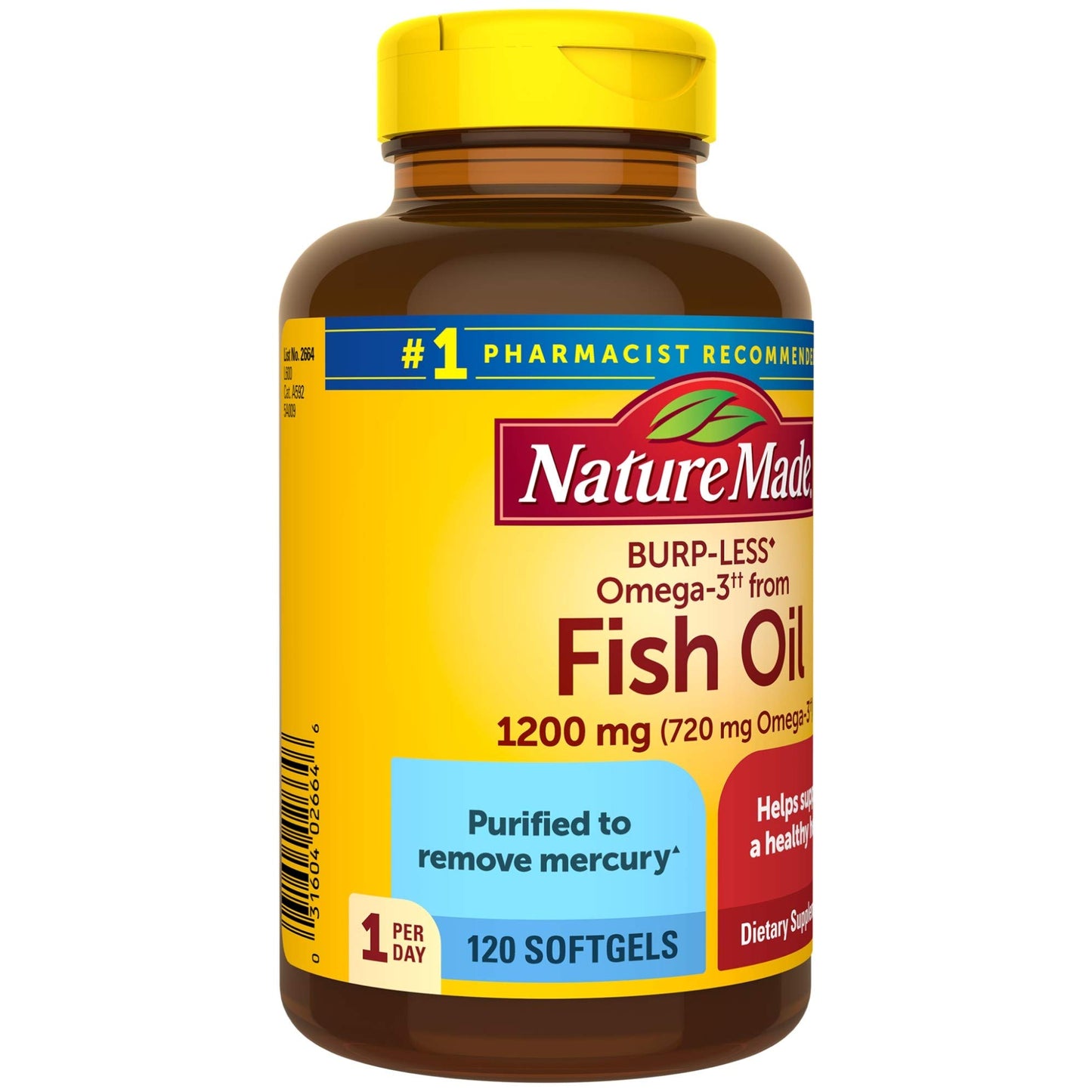 Nature Made Burp-Less Fish Oil 1200 mg One Per Day, 120 Softgels, Fish Oil Omega 3 Supplement for Heart Health (Pack of 3)